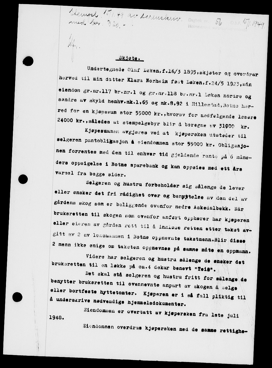 Holmestrand sorenskriveri, SAKO/A-67/G/Ga/Gaa/L0065: Pantebok nr. A-65, 1948-1949, Dagboknr: 56/1949