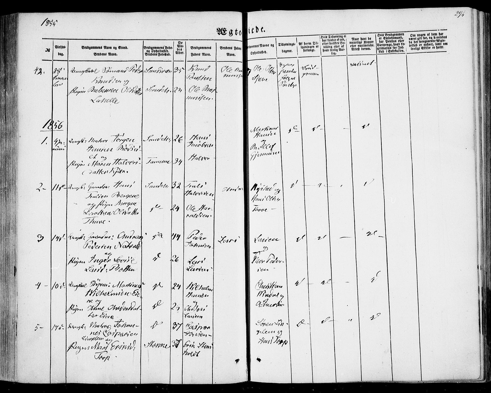 Sandar kirkebøker, AV/SAKO-A-243/F/Fa/L0007: Ministerialbok nr. 7, 1855-1861, s. 294