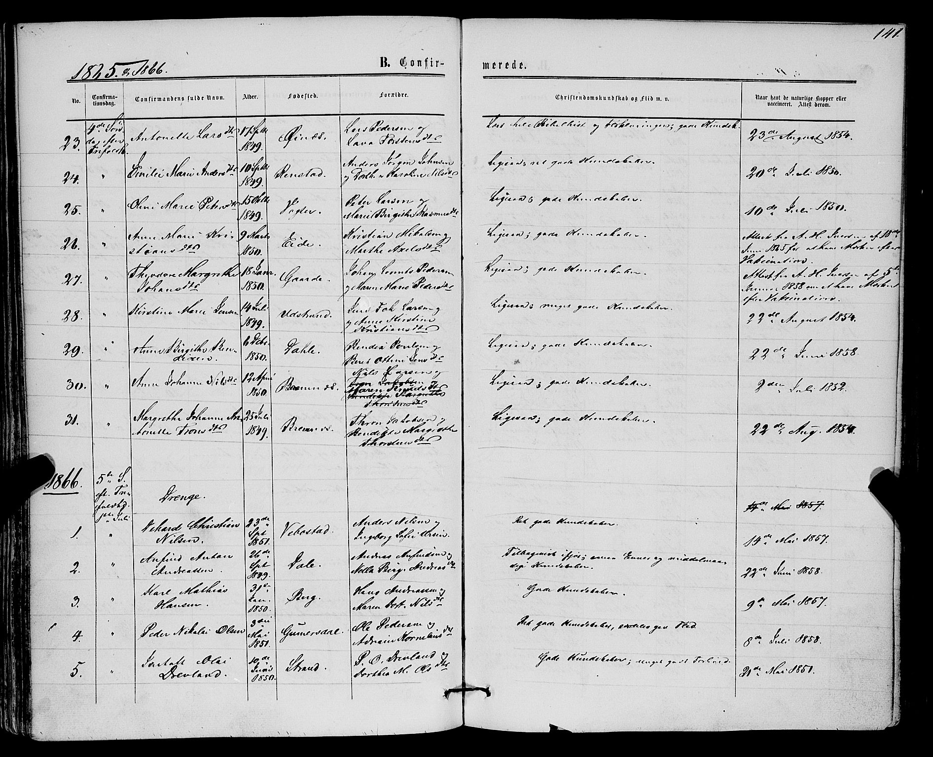 Kvæfjord sokneprestkontor, AV/SATØ-S-1323/G/Ga/Gaa/L0004kirke: Ministerialbok nr. 4, 1857-1877, s. 141