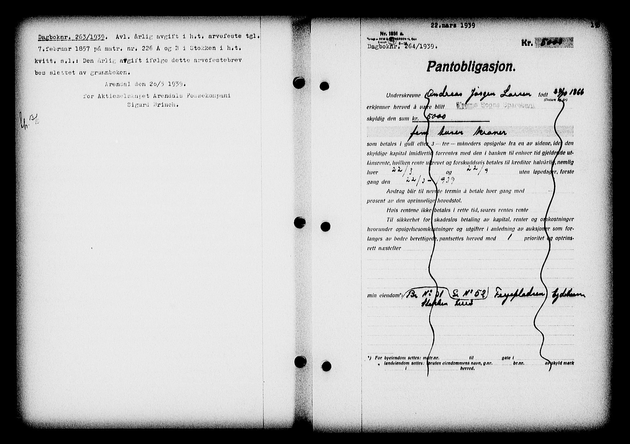 Nedenes sorenskriveri, AV/SAK-1221-0006/G/Gb/Gba/L0046: Pantebok nr. 42, 1938-1939, Dagboknr: 264/1939