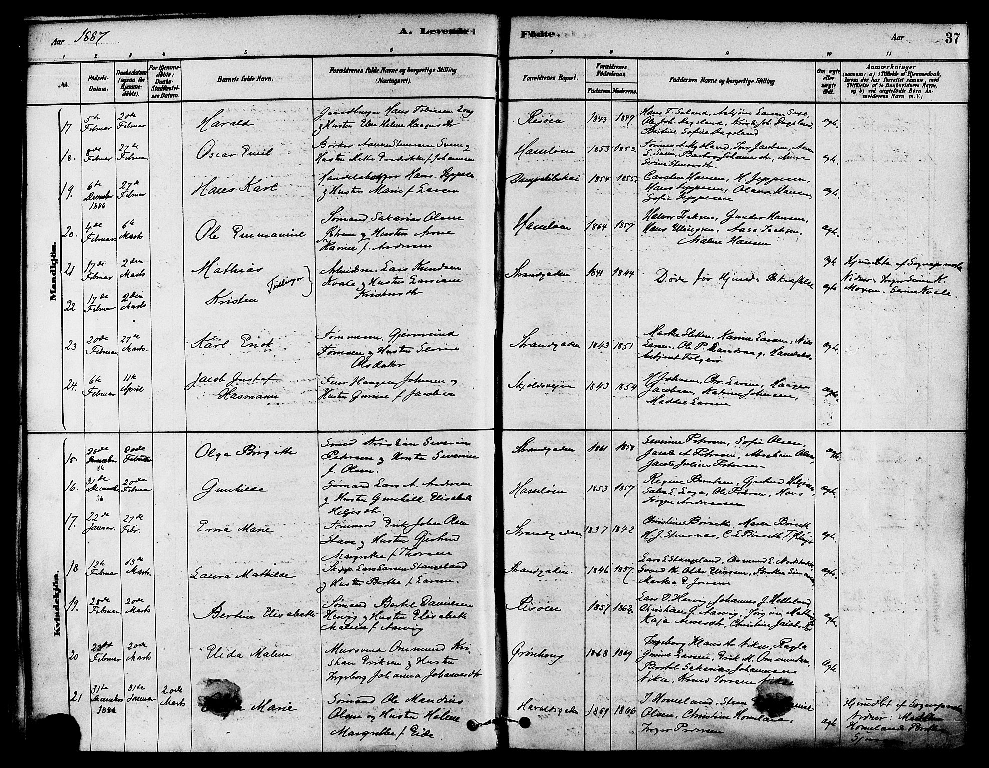 Haugesund sokneprestkontor, AV/SAST-A -101863/H/Ha/Haa/L0003: Ministerialbok nr. A 3, 1885-1890, s. 37