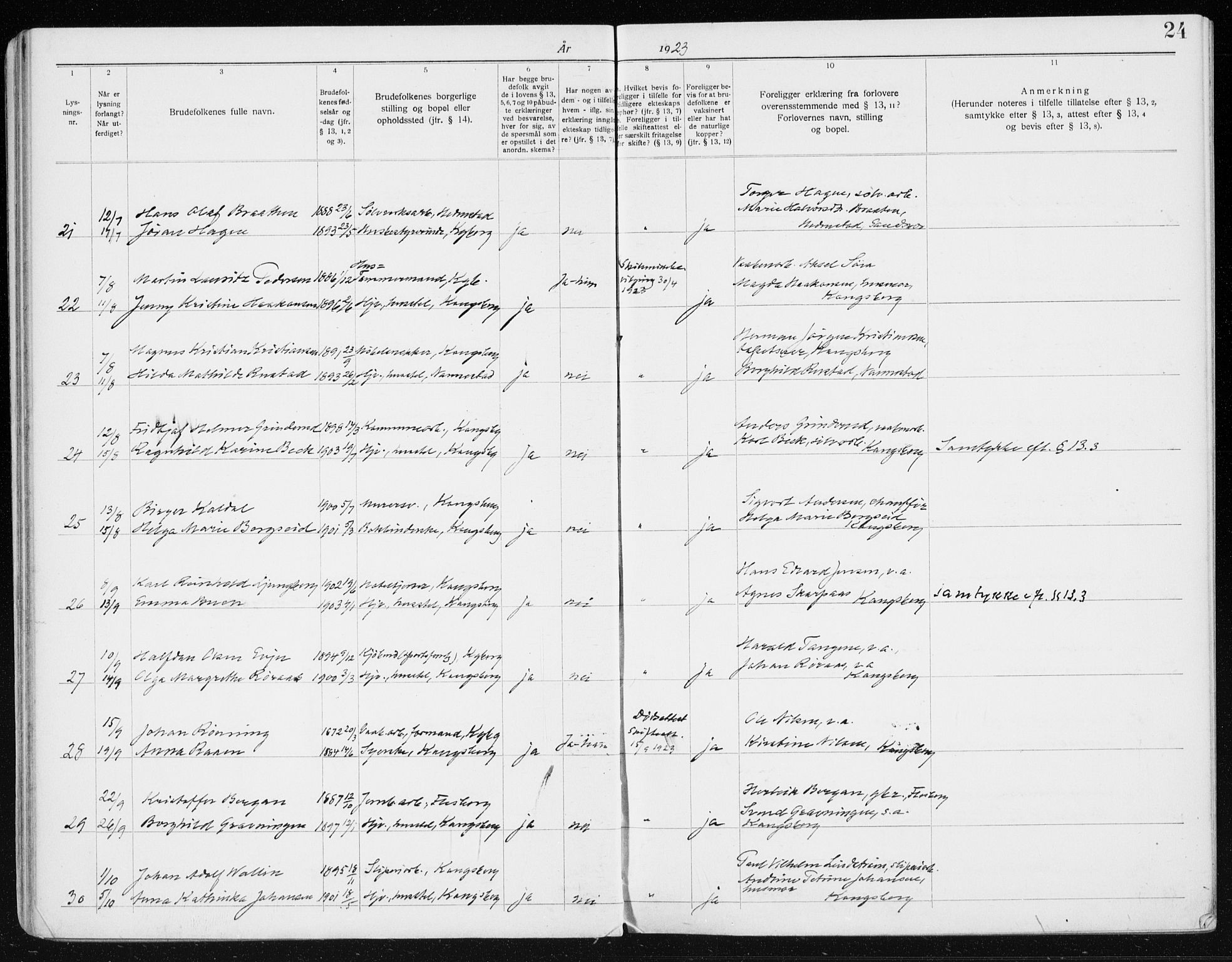 Kongsberg kirkebøker, AV/SAKO-A-22/H/Ha/L0001: Lysningsprotokoll nr. 1, 1919-1939, s. 24