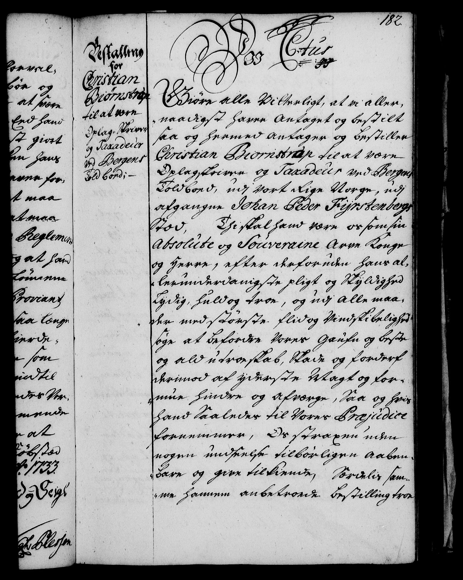 Rentekammeret, Kammerkanselliet, RA/EA-3111/G/Gg/Gge/L0002: Norsk bestallingsprotokoll med register (merket RK 53.26), 1730-1744, s. 182