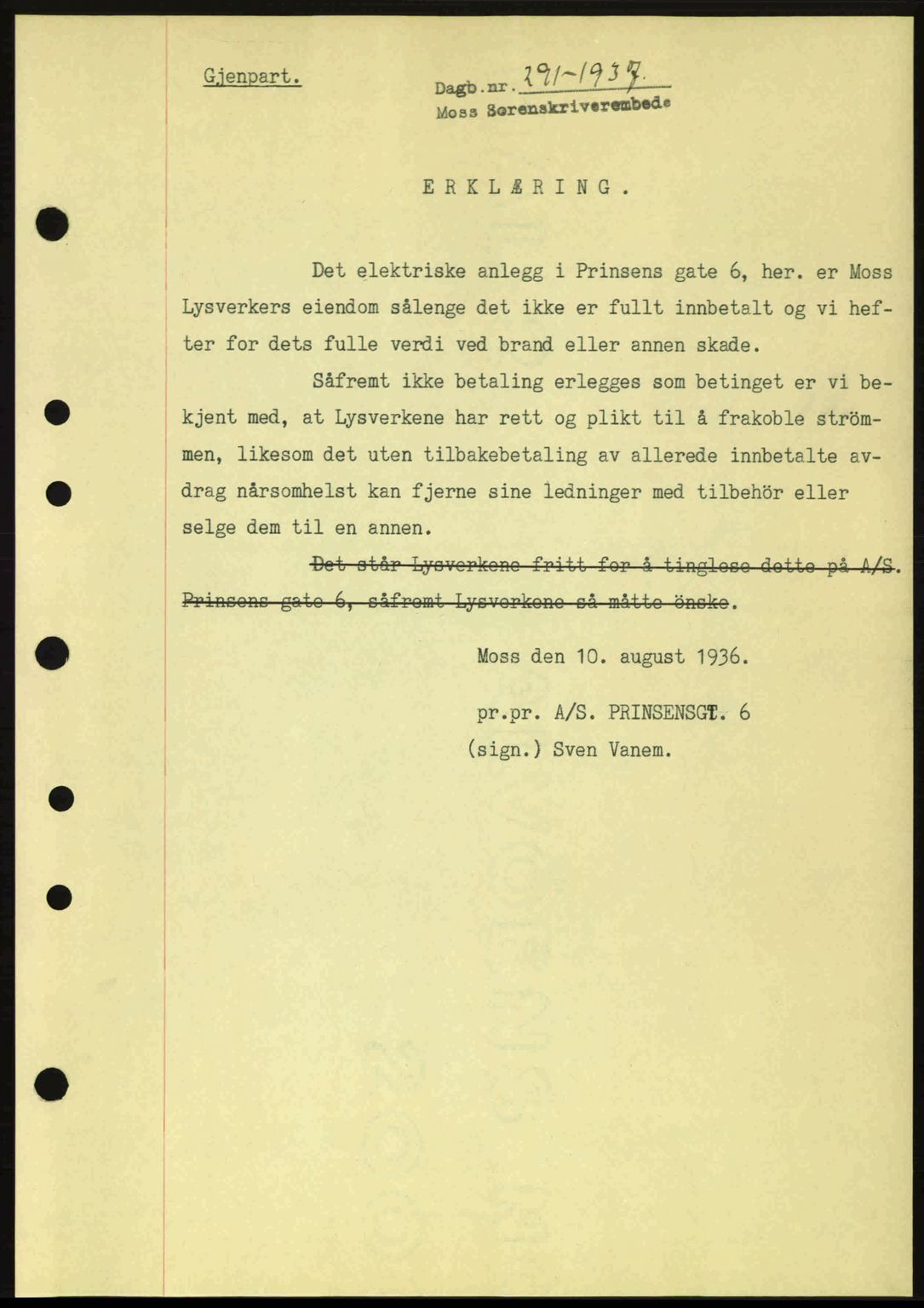 Moss sorenskriveri, SAO/A-10168: Pantebok nr. B3, 1937-1937, Dagboknr: 291/1937