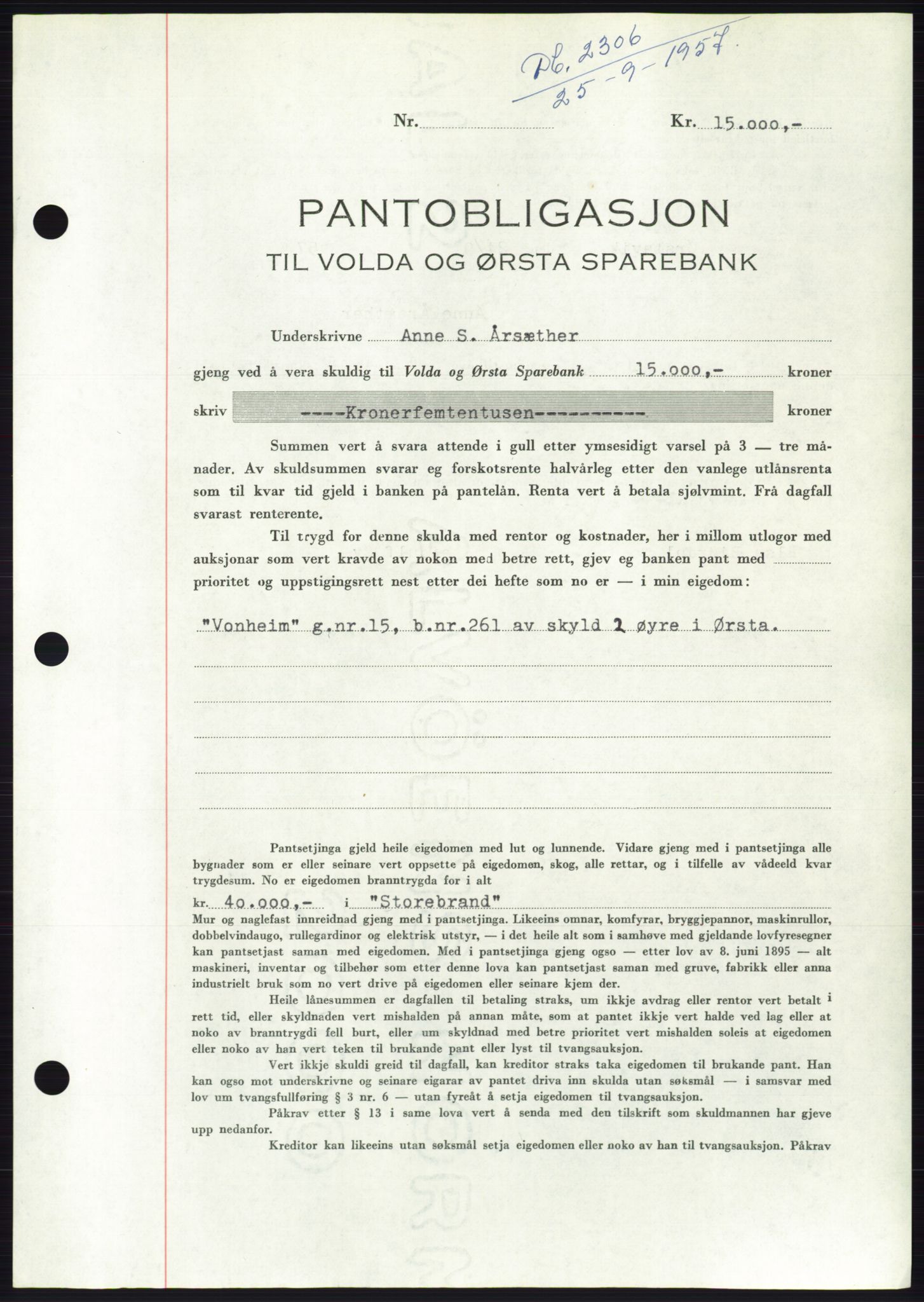 Søre Sunnmøre sorenskriveri, AV/SAT-A-4122/1/2/2C/L0130: Pantebok nr. 18B, 1957-1958, Dagboknr: 2306/1957
