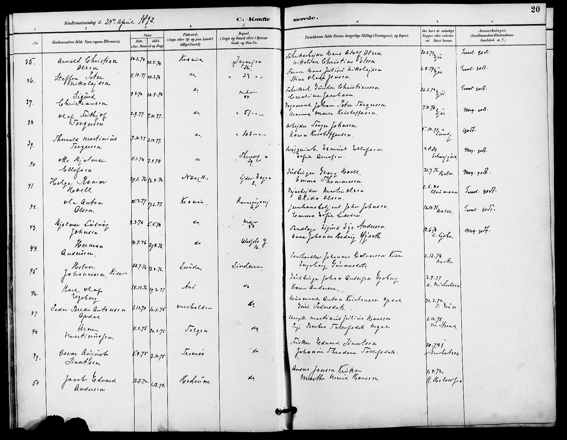 Gamle Aker prestekontor Kirkebøker, AV/SAO-A-10617a/F/L0009: Ministerialbok nr. 9, 1890-1898, s. 20