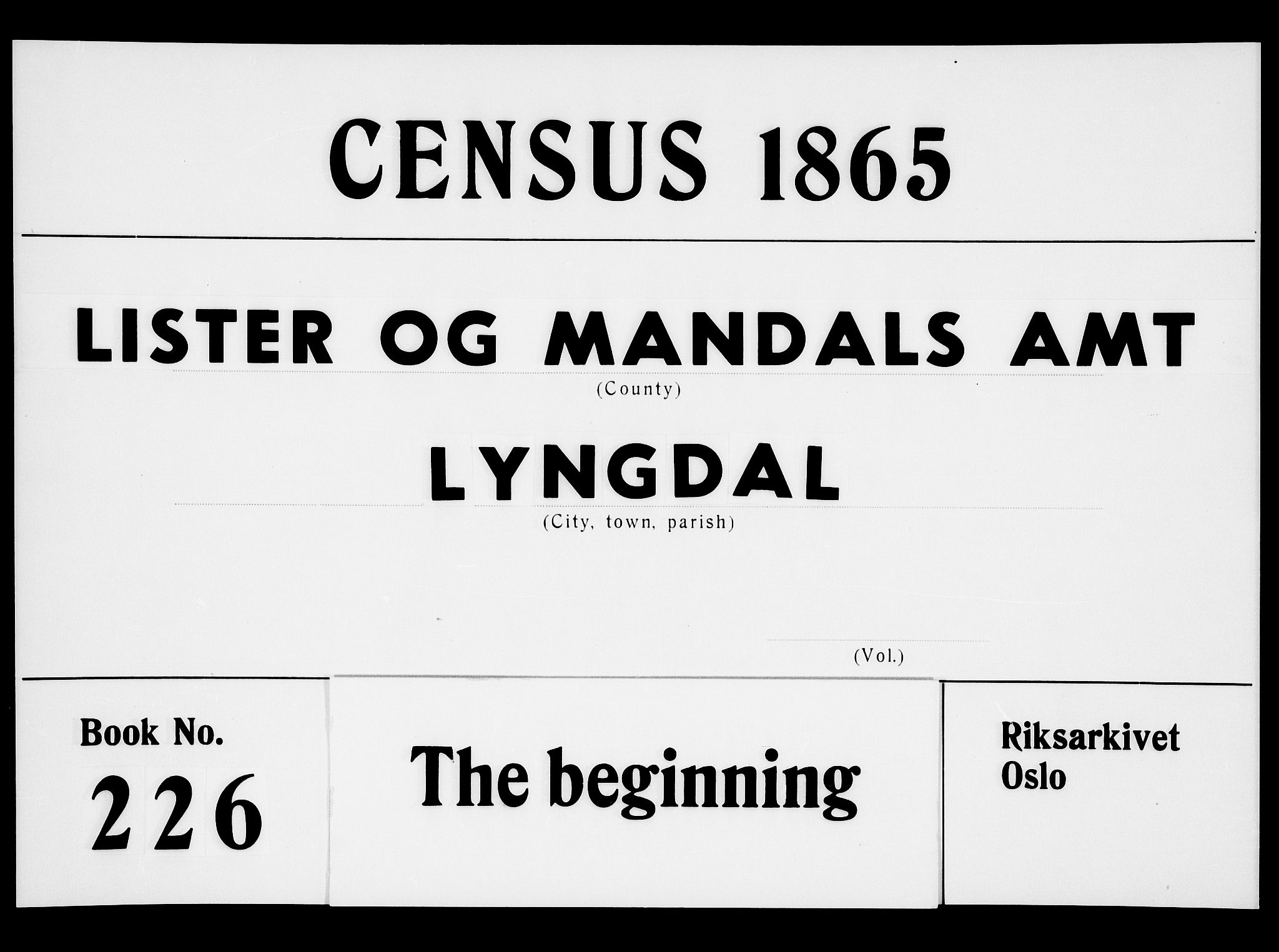 RA, Folketelling 1865 for 1032P Lyngdal prestegjeld, 1865, s. 1