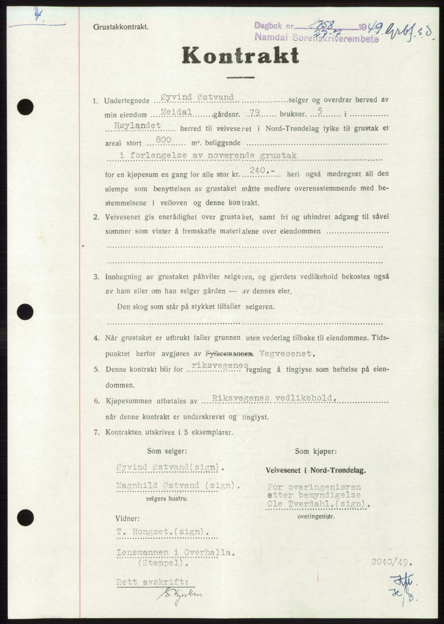 Namdal sorenskriveri, SAT/A-4133/1/2/2C: Pantebok nr. -, 1949-1949, Dagboknr: 1758/1949
