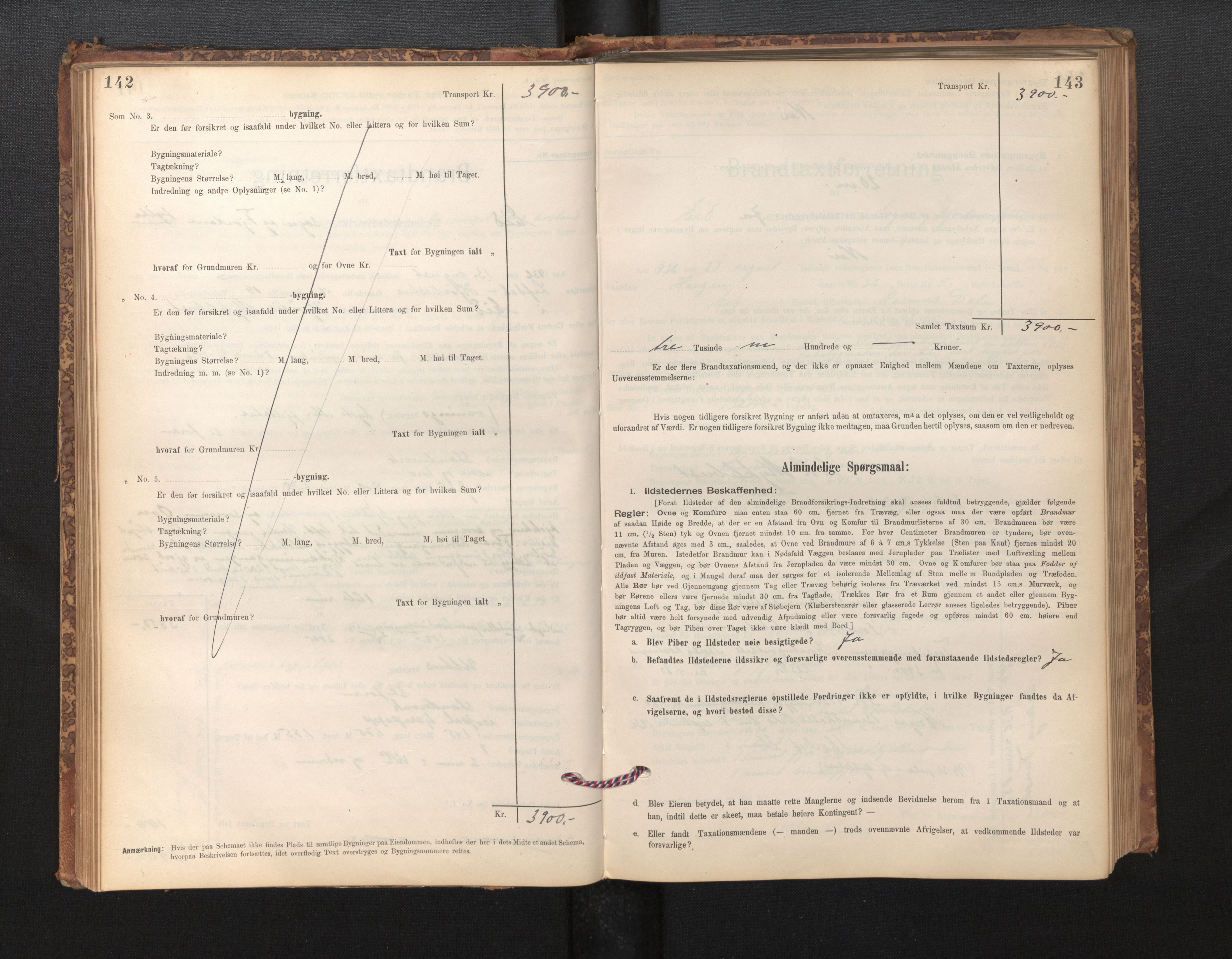 Lensmannen i Eid, SAB/A-27001/0012/L0007: Branntakstprotokoll, skjematakst, 1896-1929, s. 142-143