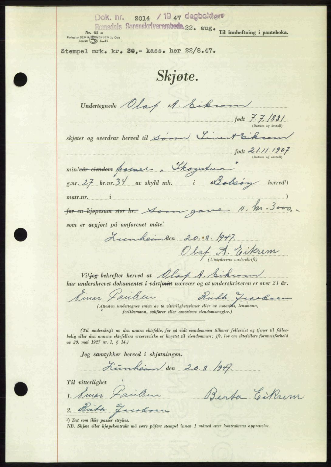 Romsdal sorenskriveri, AV/SAT-A-4149/1/2/2C: Pantebok nr. A23, 1947-1947, Dagboknr: 2014/1947