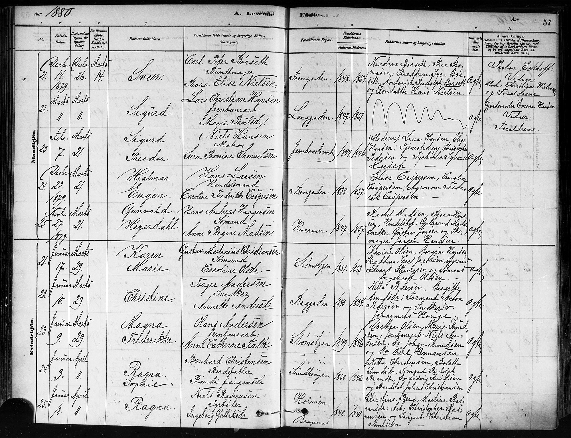 Strømsø kirkebøker, AV/SAKO-A-246/F/Fa/L0021: Ministerialbok nr. I 21, 1878-1885, s. 57