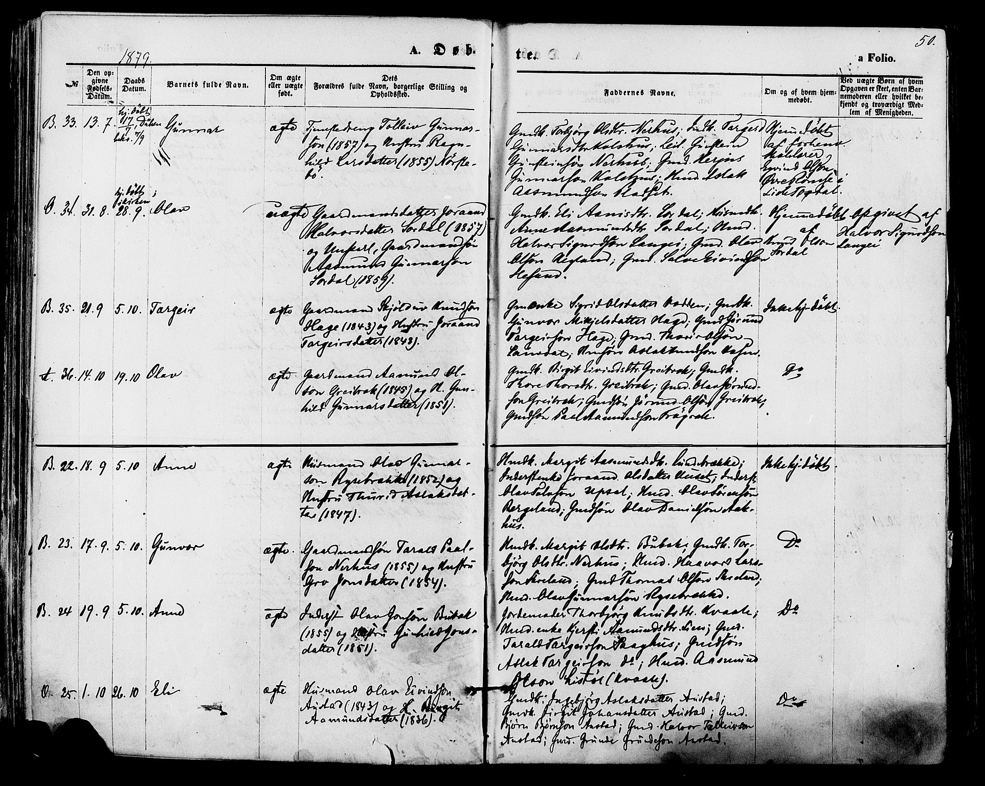 Bygland sokneprestkontor, AV/SAK-1111-0006/F/Fa/Fab/L0006: Ministerialbok nr. A 6, 1873-1884, s. 50