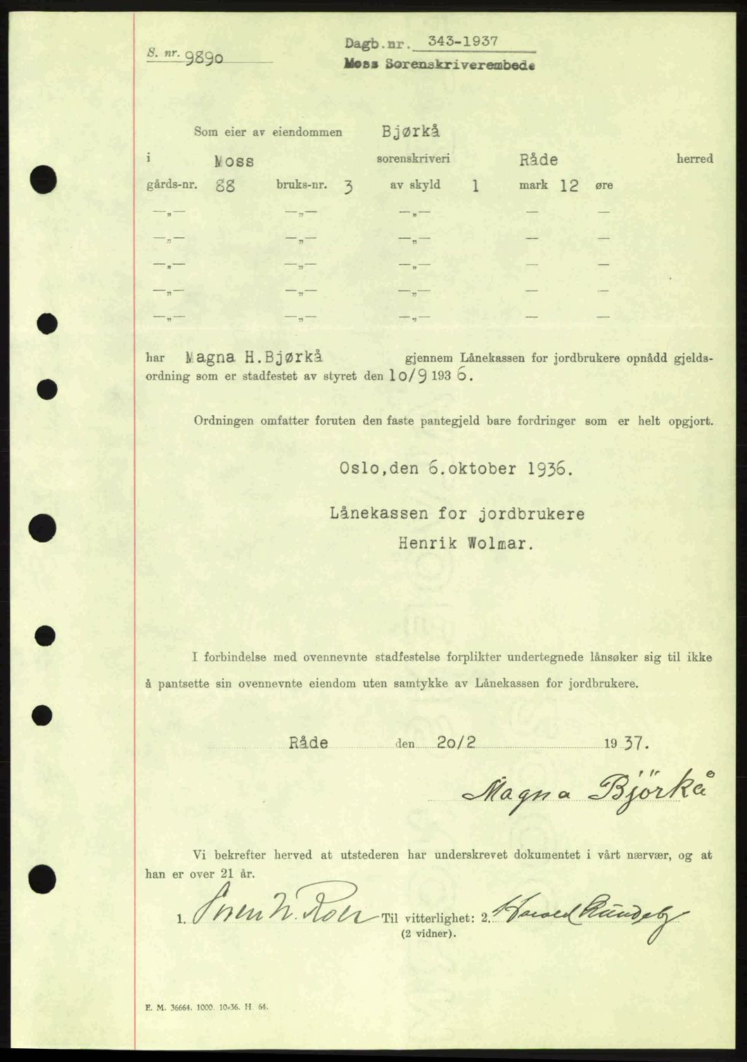 Moss sorenskriveri, SAO/A-10168: Pantebok nr. B3, 1937-1937, Dagboknr: 343/1937