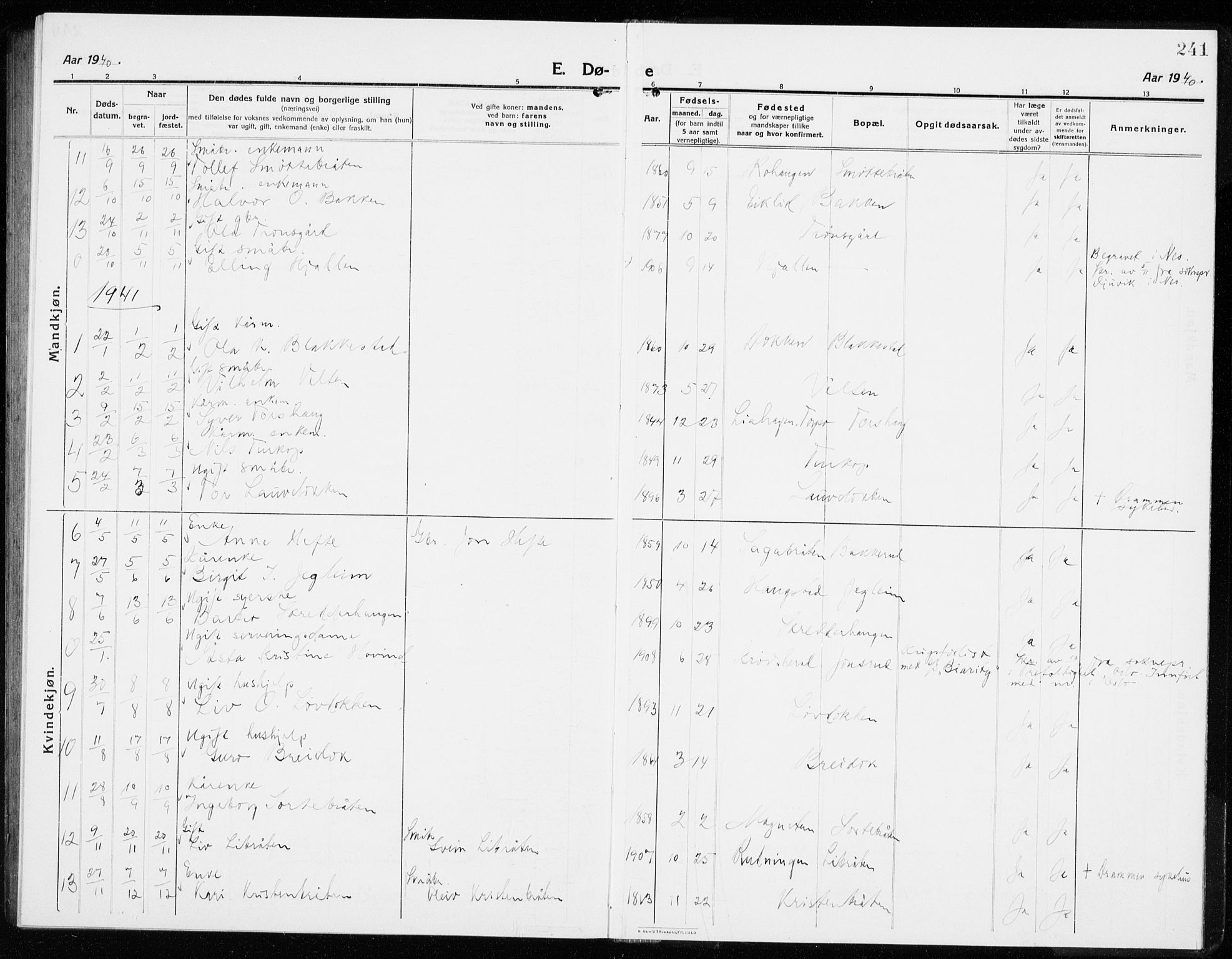 Gol kirkebøker, SAKO/A-226/G/Ga/L0004: Klokkerbok nr. I 4, 1915-1943, s. 241