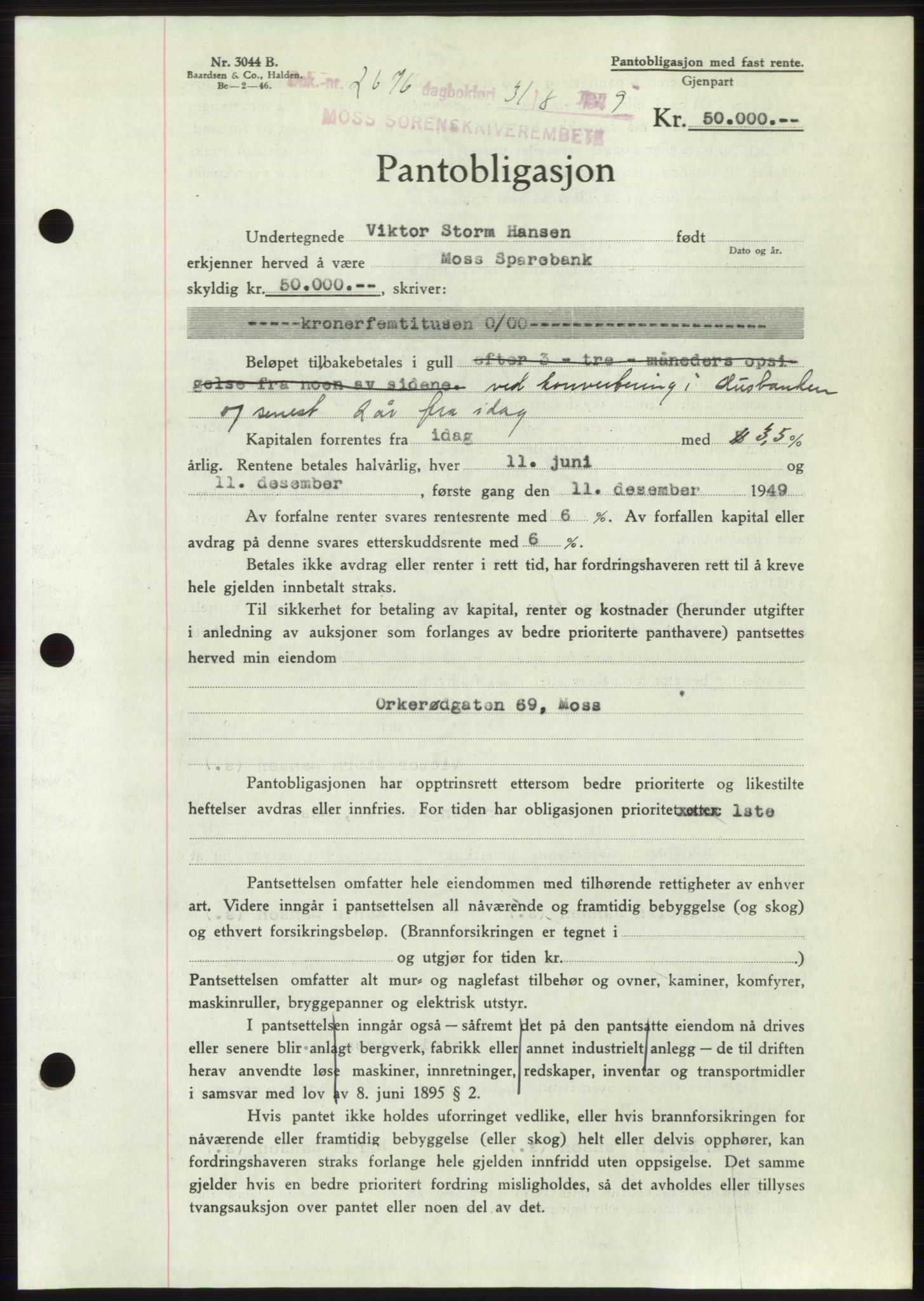 Moss sorenskriveri, SAO/A-10168: Pantebok nr. B22, 1949-1949, Dagboknr: 2676/1949