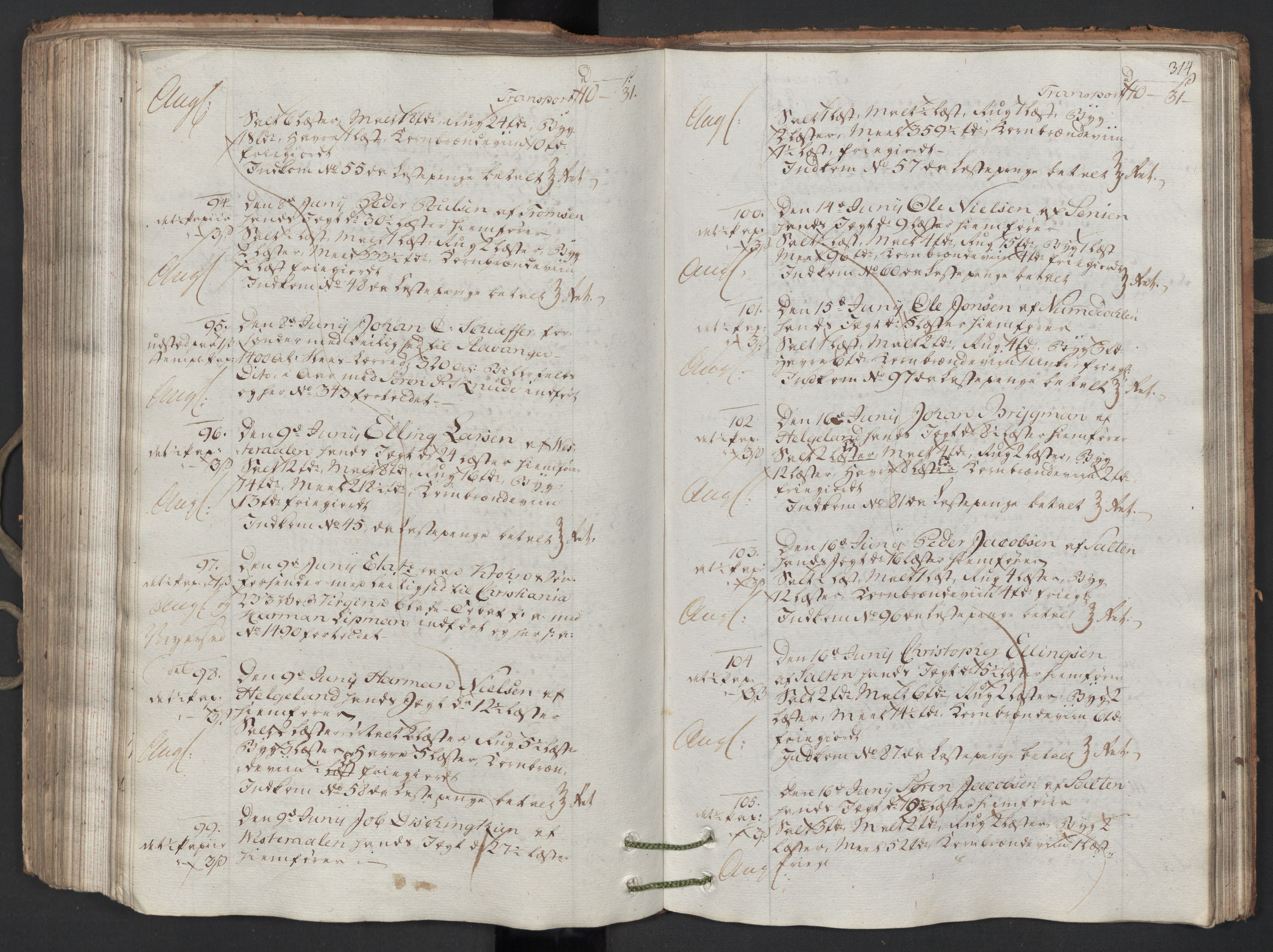 Generaltollkammeret, tollregnskaper, AV/RA-EA-5490/R26/L0223/0001: Tollregnskaper Bergen A / Utgående hovedtollbok, 1786, s. 313b-314a