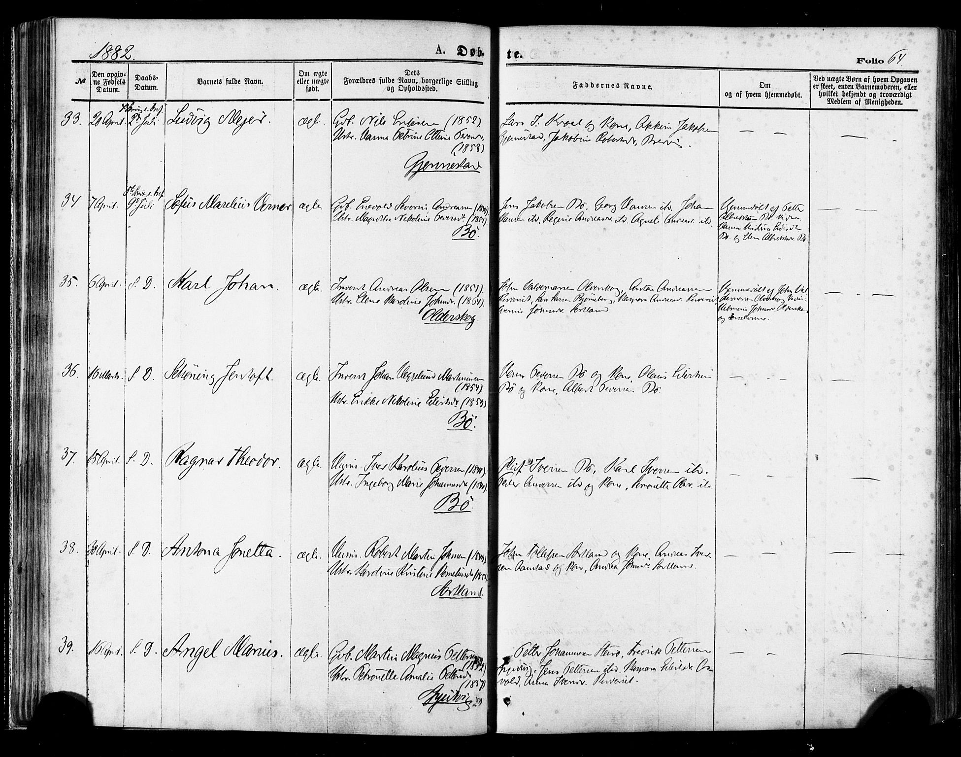 Ministerialprotokoller, klokkerbøker og fødselsregistre - Nordland, AV/SAT-A-1459/895/L1370: Ministerialbok nr. 895A05, 1873-1884, s. 64