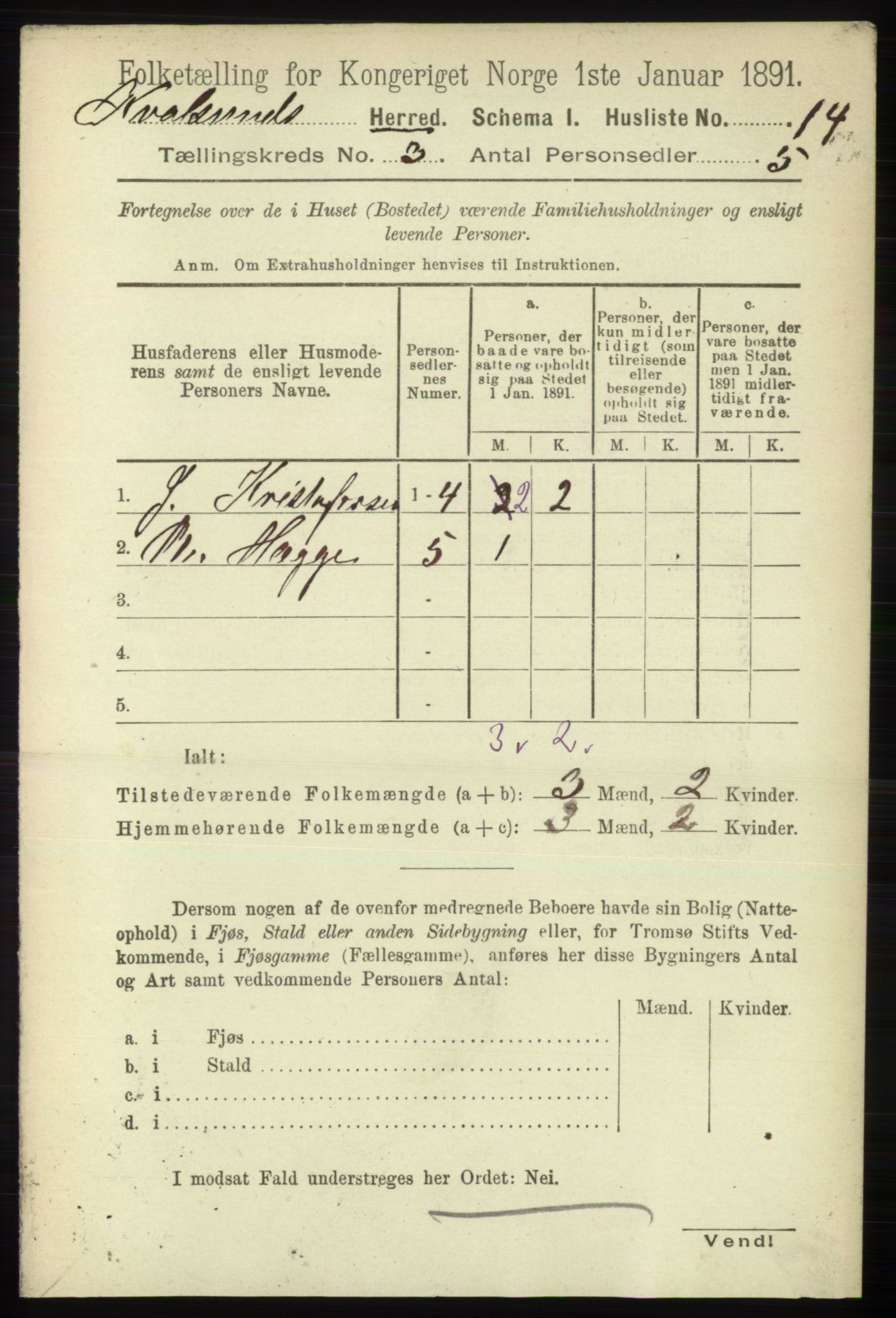 RA, Folketelling 1891 for 2017 Kvalsund herred, 1891, s. 15