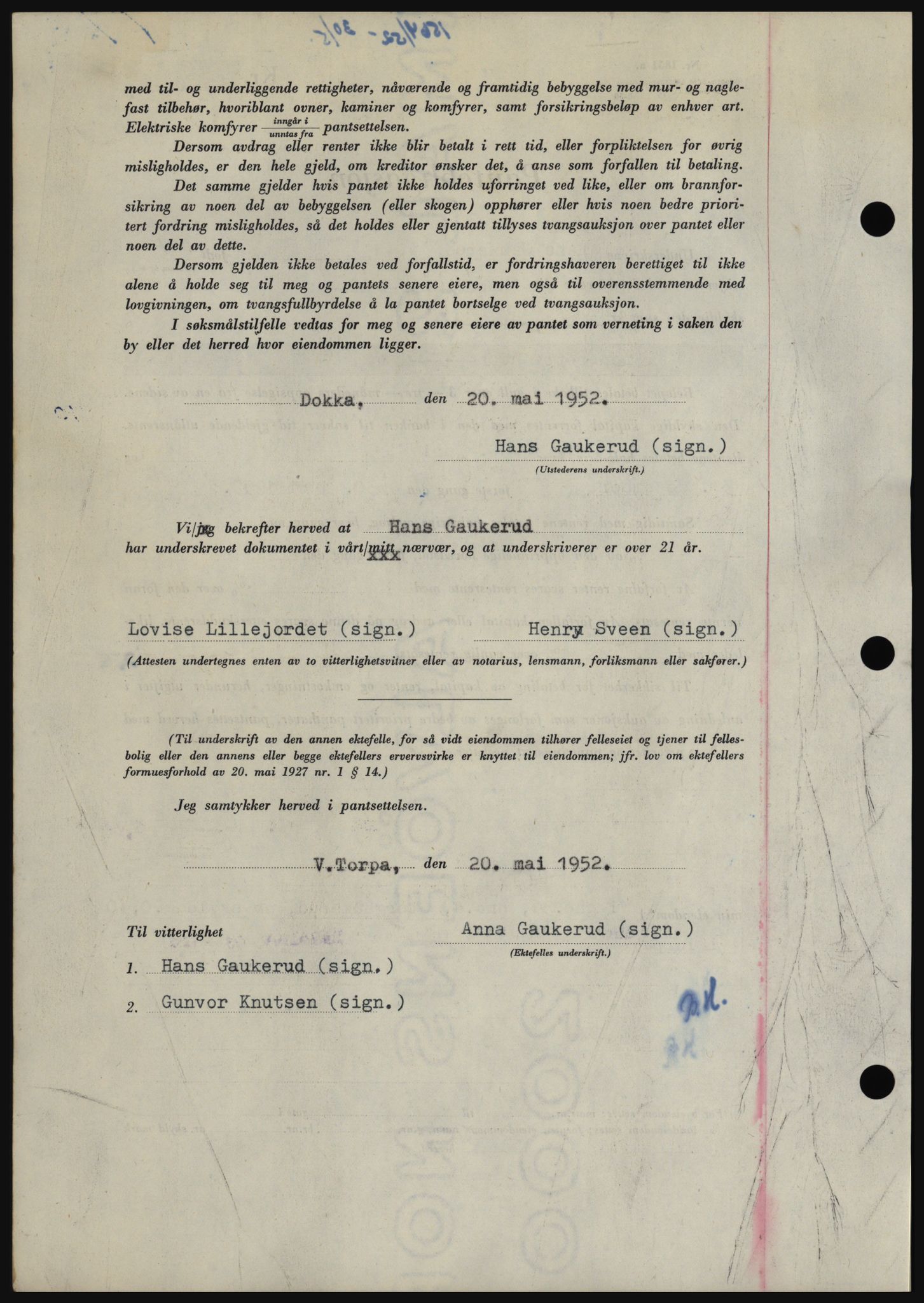 Hadeland og Land tingrett, AV/SAH-TING-010/H/Hb/Hbc/L0024: Pantebok nr. B24, 1952-1952, Dagboknr: 1564/1952