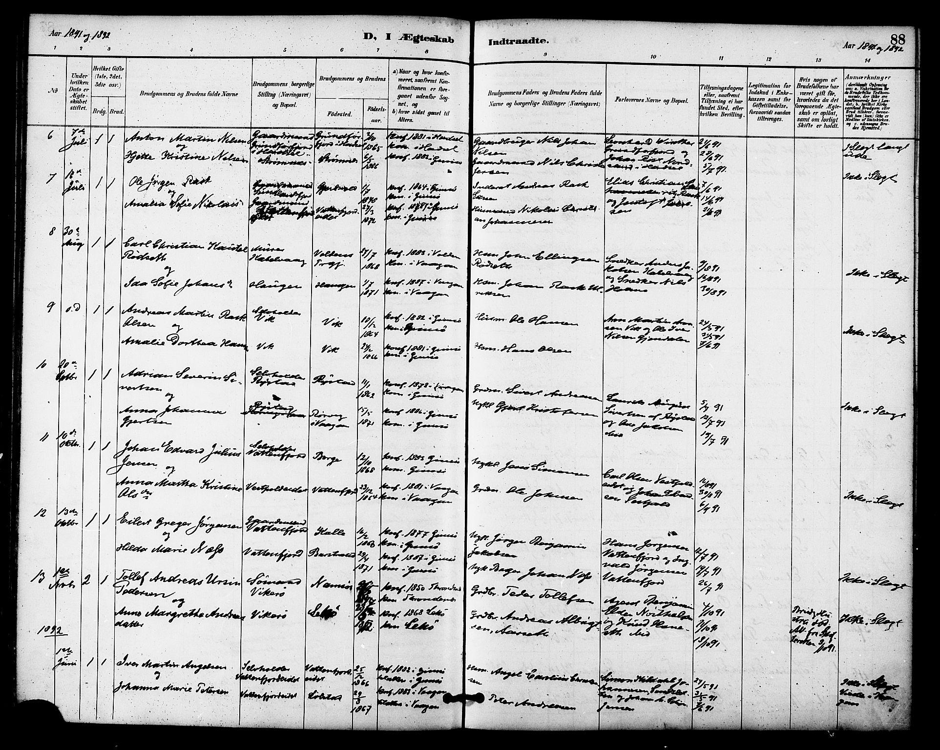 Ministerialprotokoller, klokkerbøker og fødselsregistre - Nordland, SAT/A-1459/876/L1097: Ministerialbok nr. 876A03, 1886-1896, s. 88