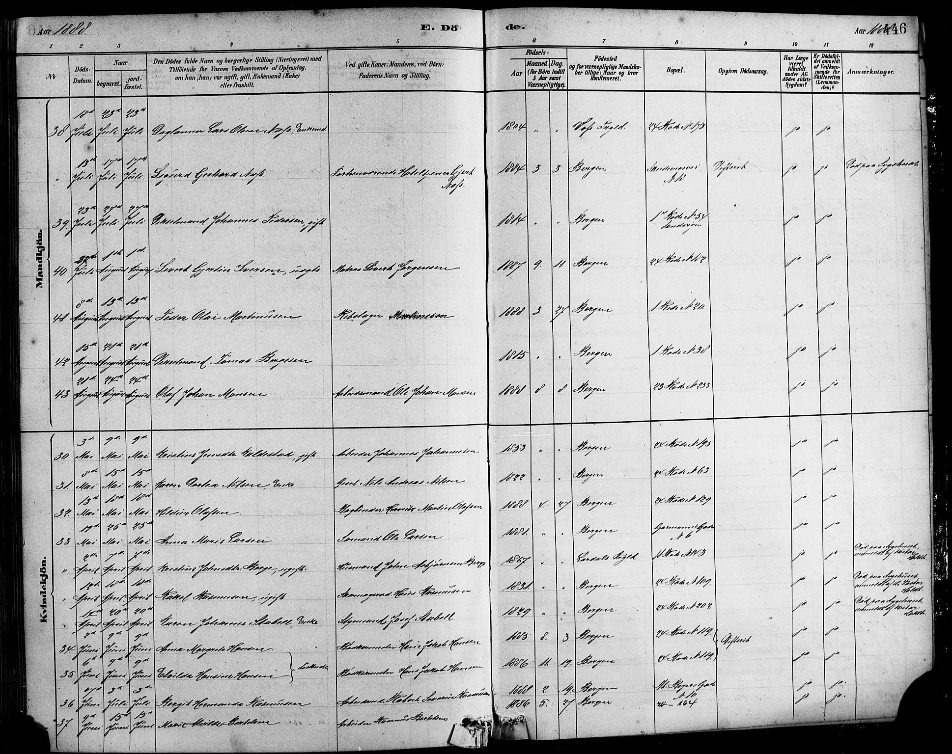 Sandviken Sokneprestembete, AV/SAB-A-77601/H/Hb/L0001: Klokkerbok nr. A 2, 1879-1892, s. 446