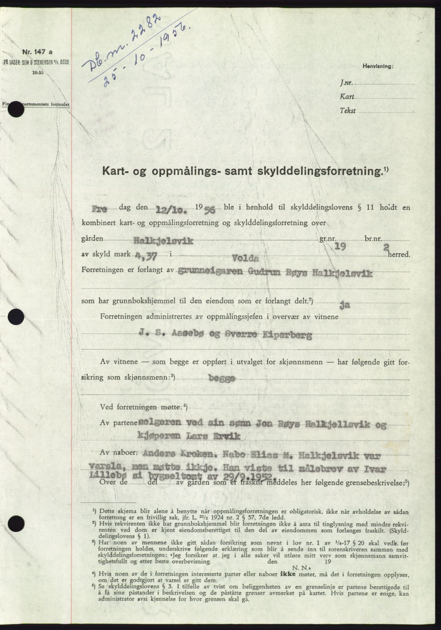 Søre Sunnmøre sorenskriveri, AV/SAT-A-4122/1/2/2C/L0104: Pantebok nr. 30A, 1956-1956, Dagboknr: 2282/1956