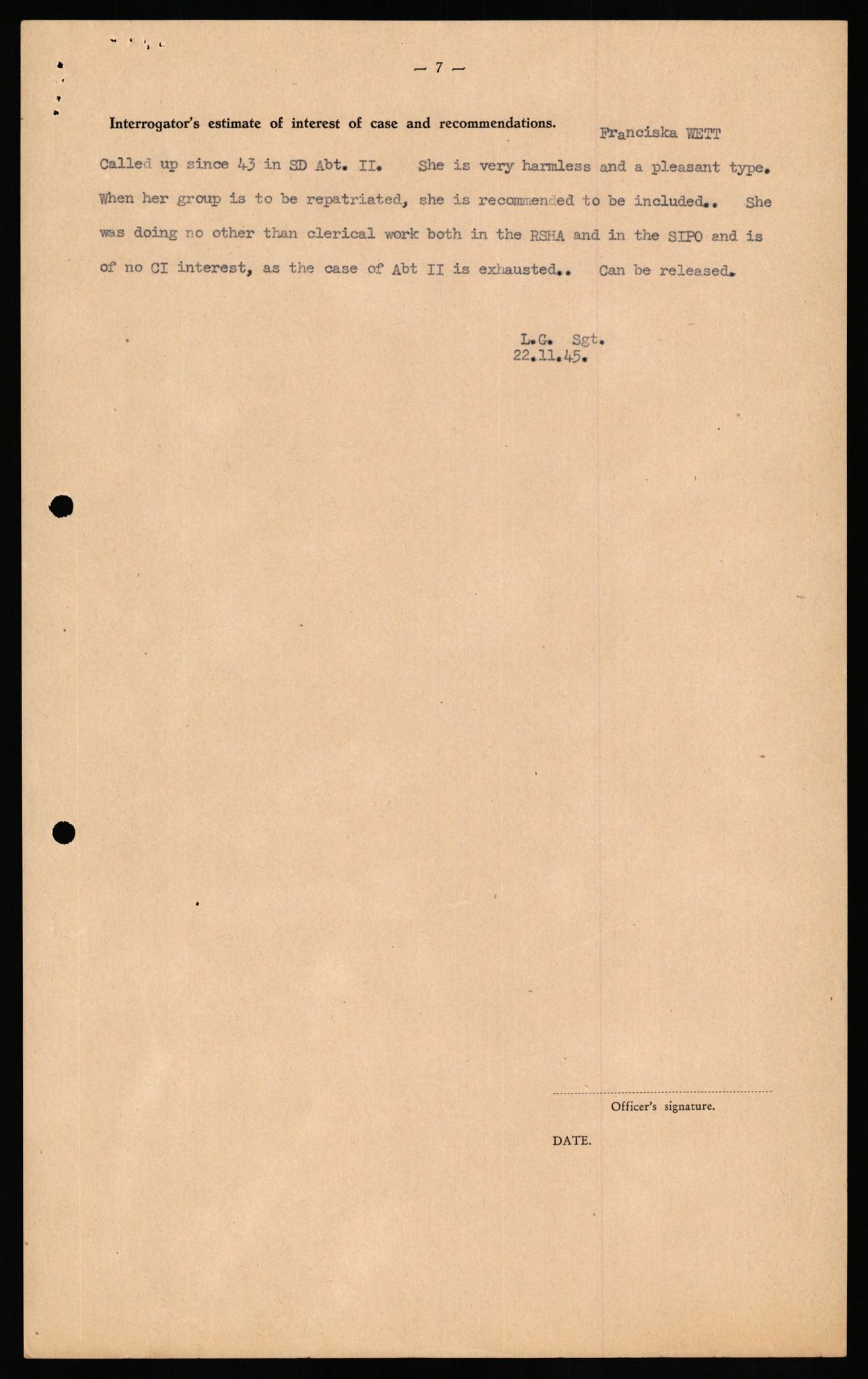 Forsvaret, Forsvarets overkommando II, RA/RAFA-3915/D/Db/L0035: CI Questionaires. Tyske okkupasjonsstyrker i Norge. Tyskere., 1945-1946, s. 462