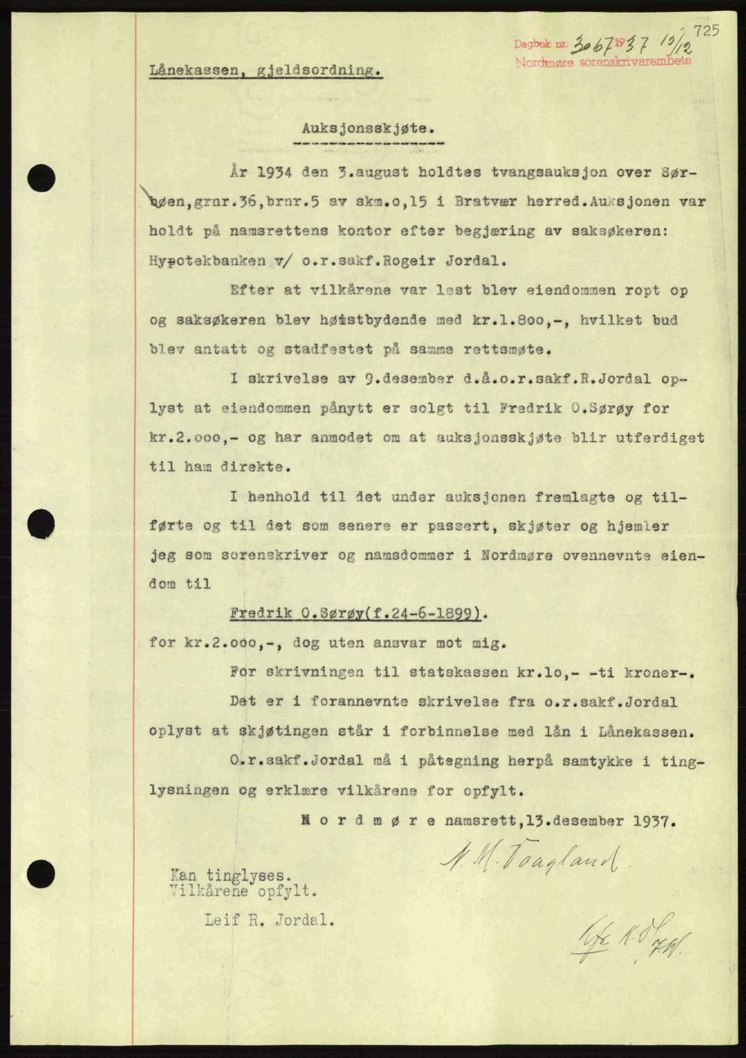 Nordmøre sorenskriveri, SAT/A-4132/1/2/2Ca: Pantebok nr. A82, 1937-1938, Dagboknr: 3067/1937