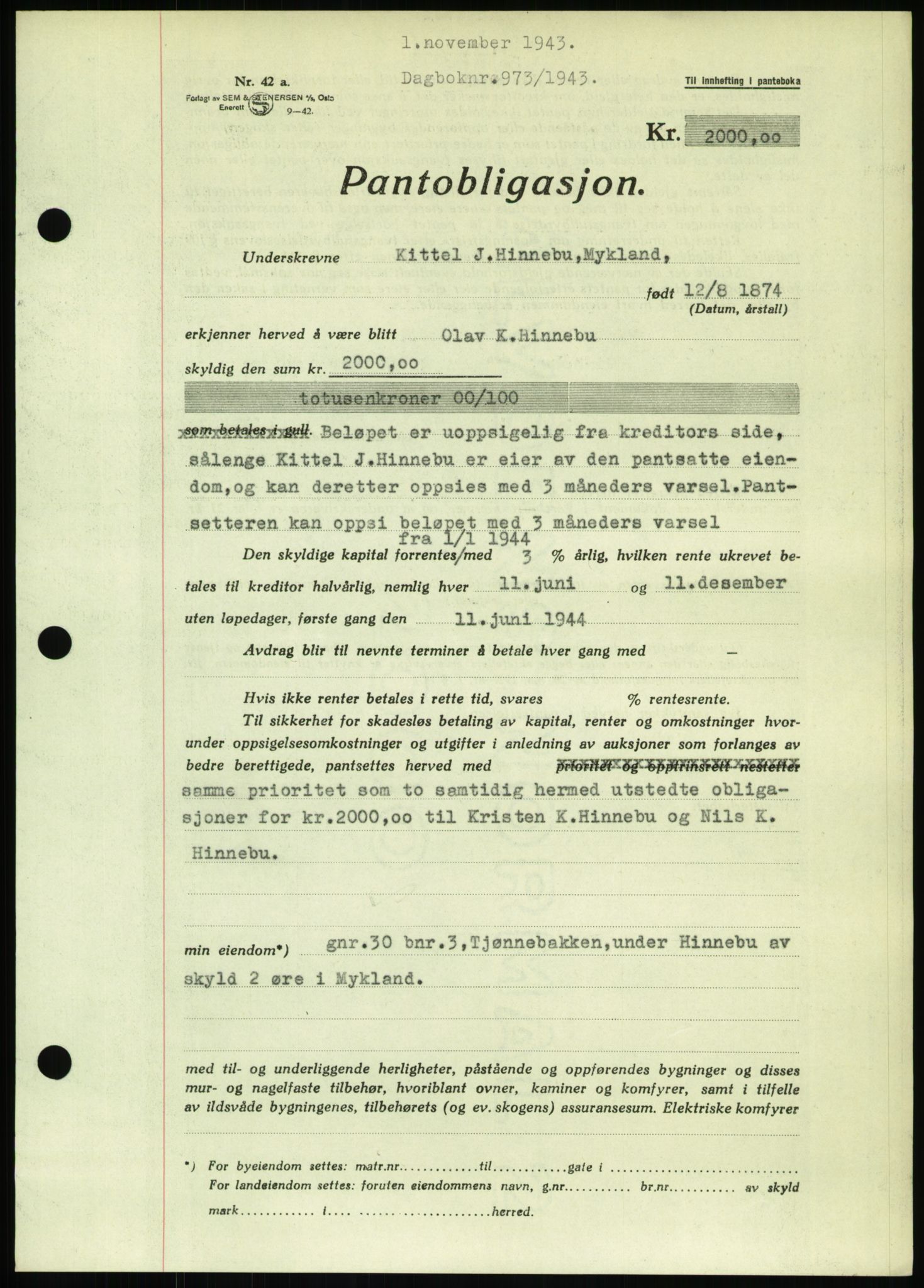 Nedenes sorenskriveri, SAK/1221-0006/G/Gb/Gbb/L0002: Pantebok nr. II, 1942-1945, Dagboknr: 973/1943