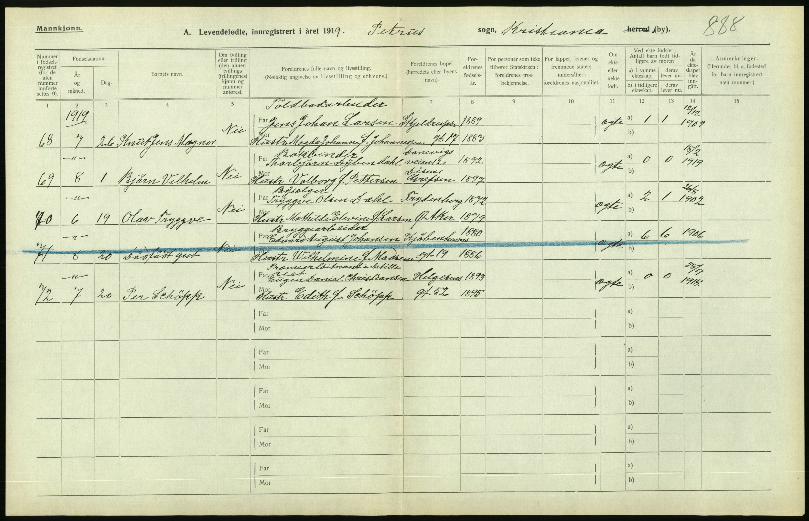 Statistisk sentralbyrå, Sosiodemografiske emner, Befolkning, AV/RA-S-2228/D/Df/Dfb/Dfbi/L0008: Kristiania: Levendefødte menn og kvinner., 1919