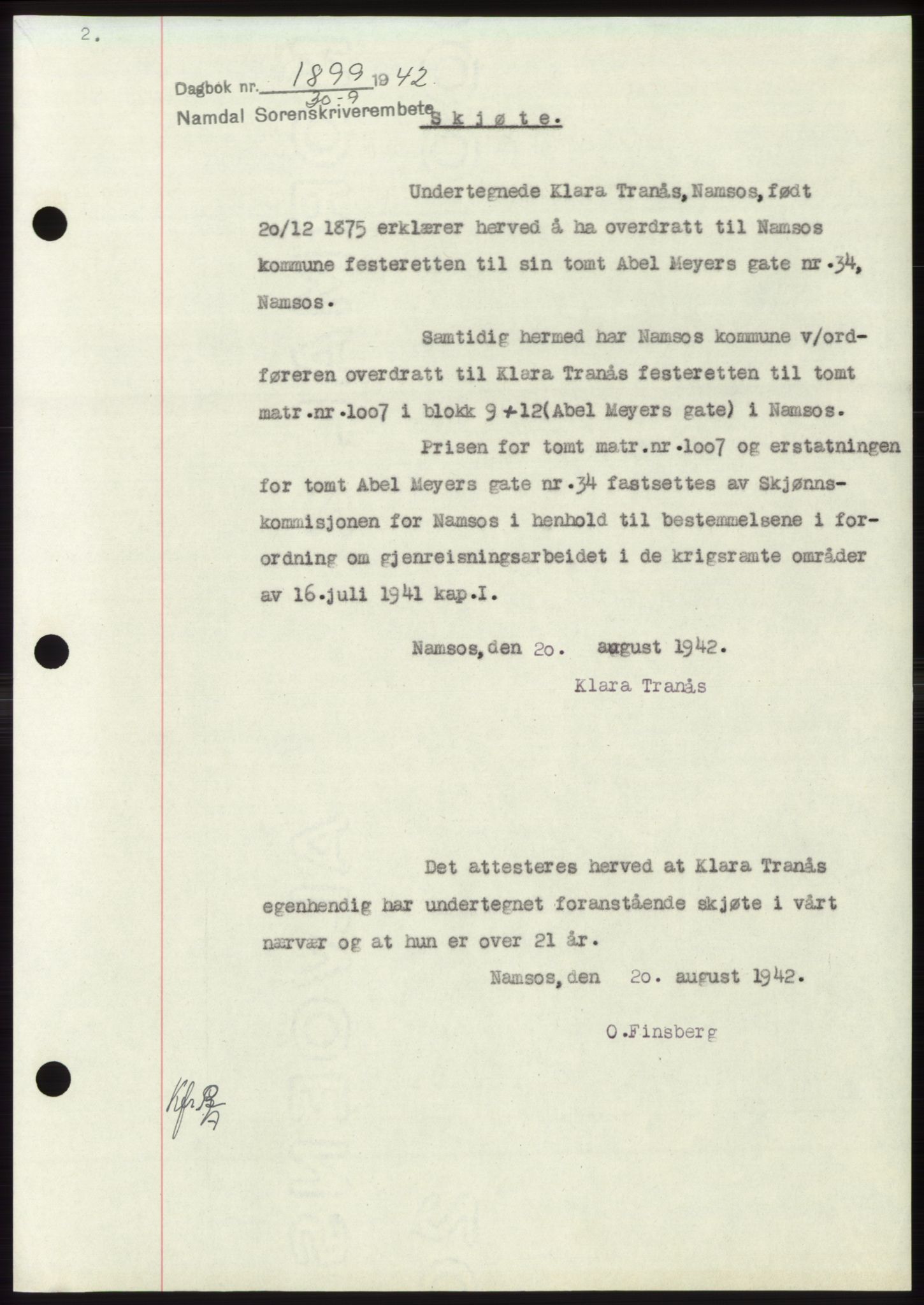 Namdal sorenskriveri, SAT/A-4133/1/2/2C: Pantebok nr. -, 1942-1943, Dagboknr: 1899/1942
