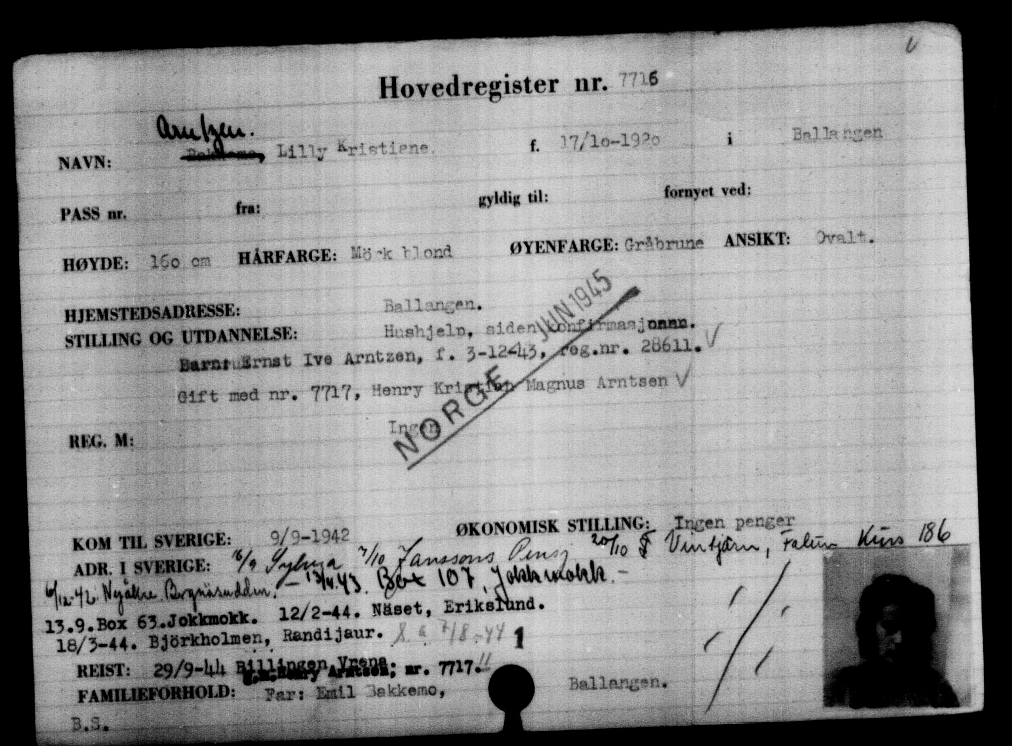 Utenriksstasjonene, Legasjonen i Stockholm, Flyktningkontoret, AV/RA-S-6753/V/Va/L0005: Kjesäterkartoteket, flyktninger med registreringsnr. 6600-9417, 1940-1945, s. 1305