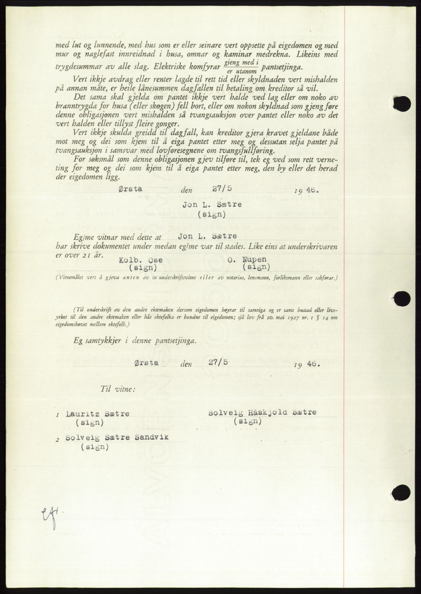 Søre Sunnmøre sorenskriveri, AV/SAT-A-4122/1/2/2C/L0114: Pantebok nr. 1-2B, 1943-1947, Dagboknr: 525/1946