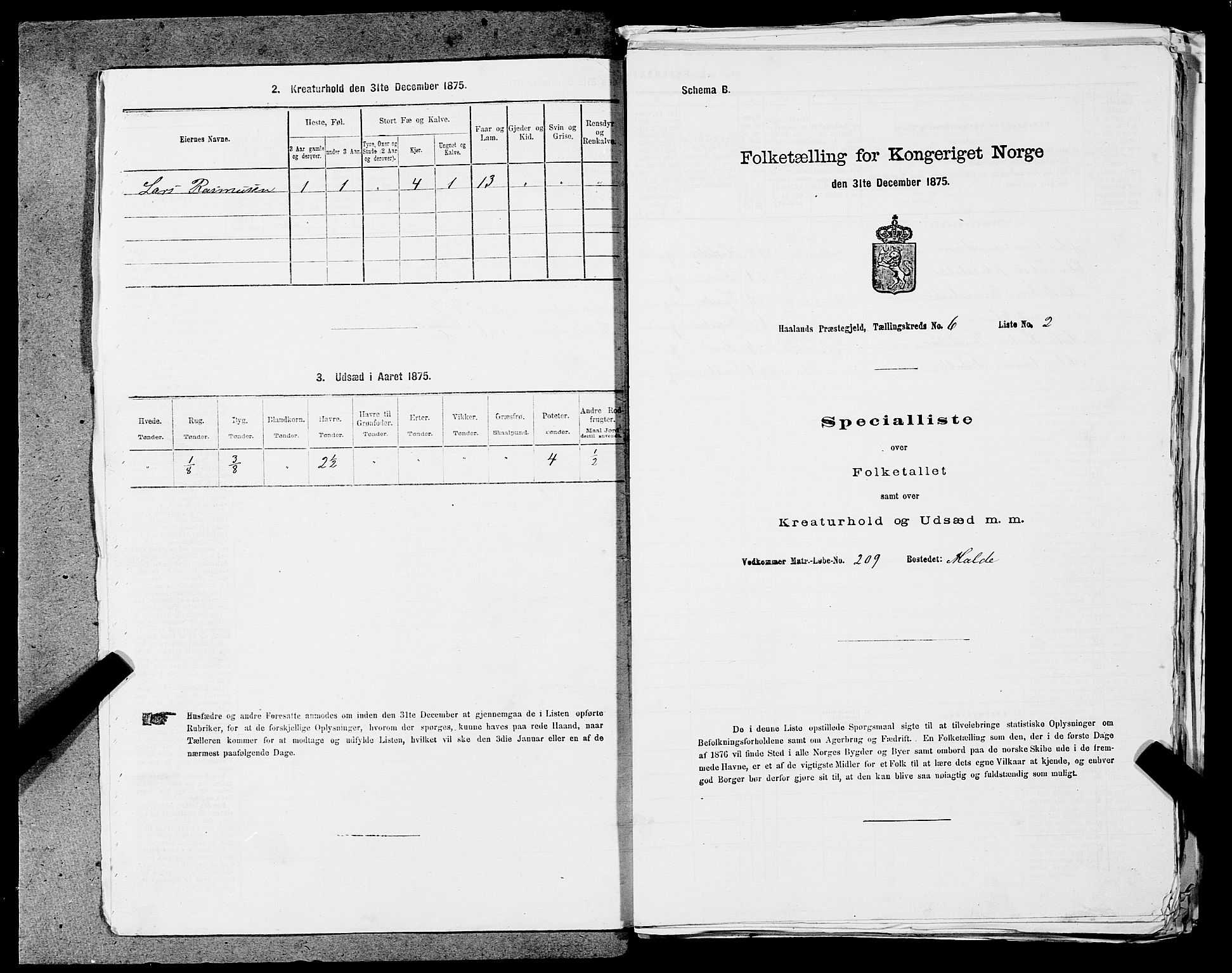 SAST, Folketelling 1875 for 1124P Håland prestegjeld, 1875, s. 872