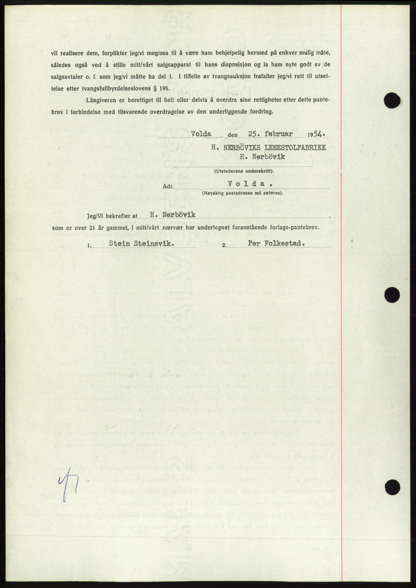 Søre Sunnmøre sorenskriveri, AV/SAT-A-4122/1/2/2C/L0124: Pantebok nr. 12B, 1953-1954, Dagboknr: 502/1954