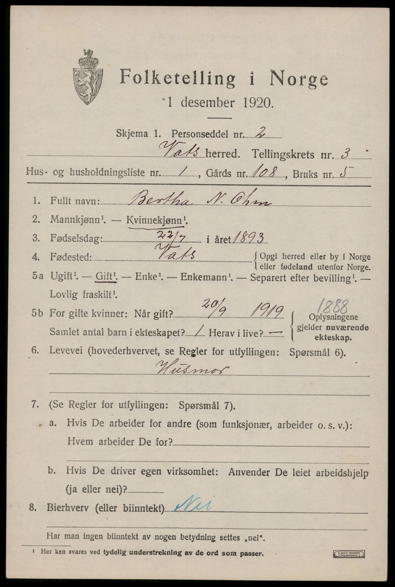 SAST, Folketelling 1920 for 1155 Vats herred, 1920, s. 1083