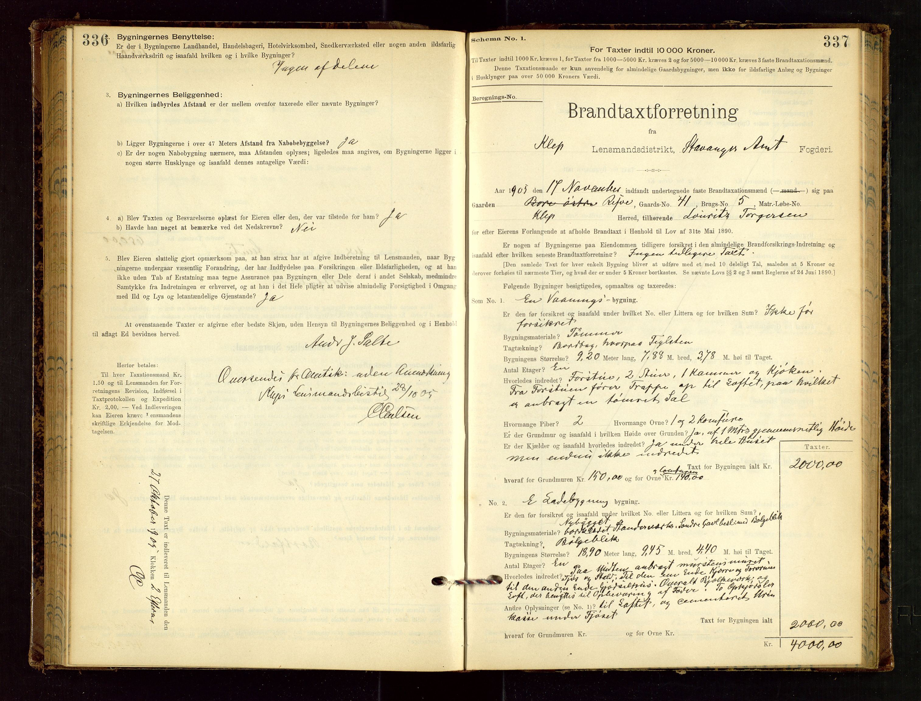 Klepp lensmannskontor, SAST/A-100163/Goc/L0002: "Brandtaxationsprotokol" m/register, 1898-1902, s. 336-337