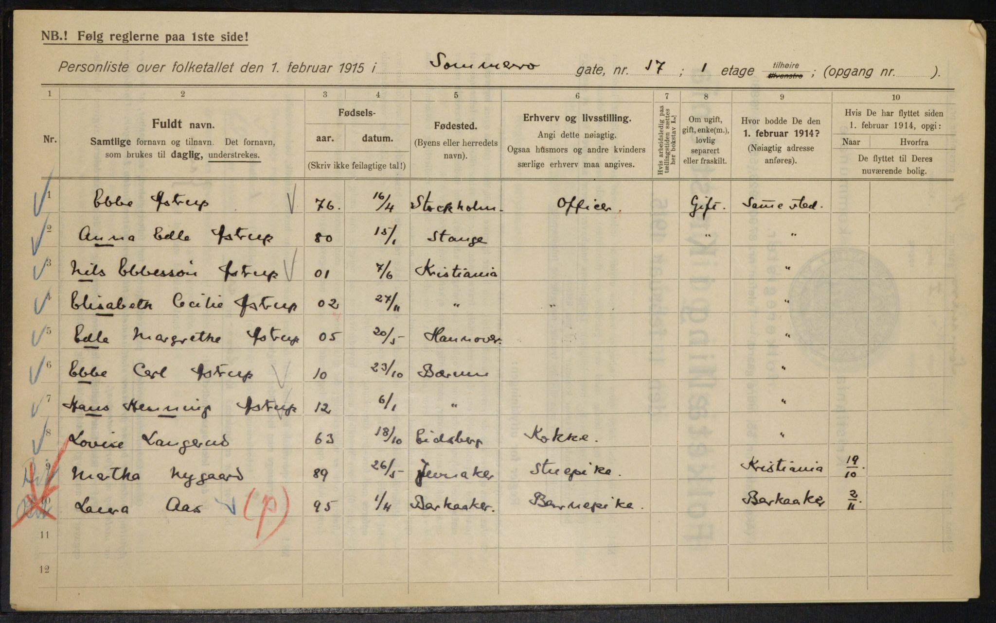 OBA, Kommunal folketelling 1.2.1915 for Kristiania, 1915, s. 99602