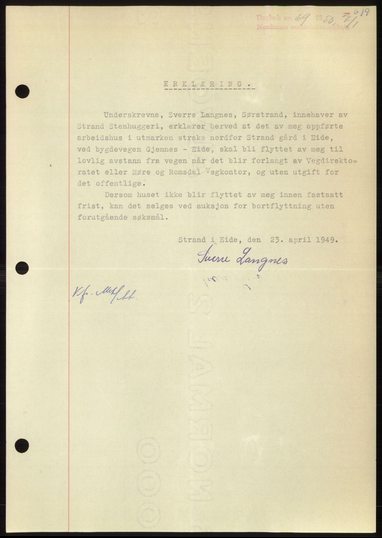 Nordmøre sorenskriveri, SAT/A-4132/1/2/2Ca: Pantebok nr. B103, 1949-1950, Dagboknr: 69/1950
