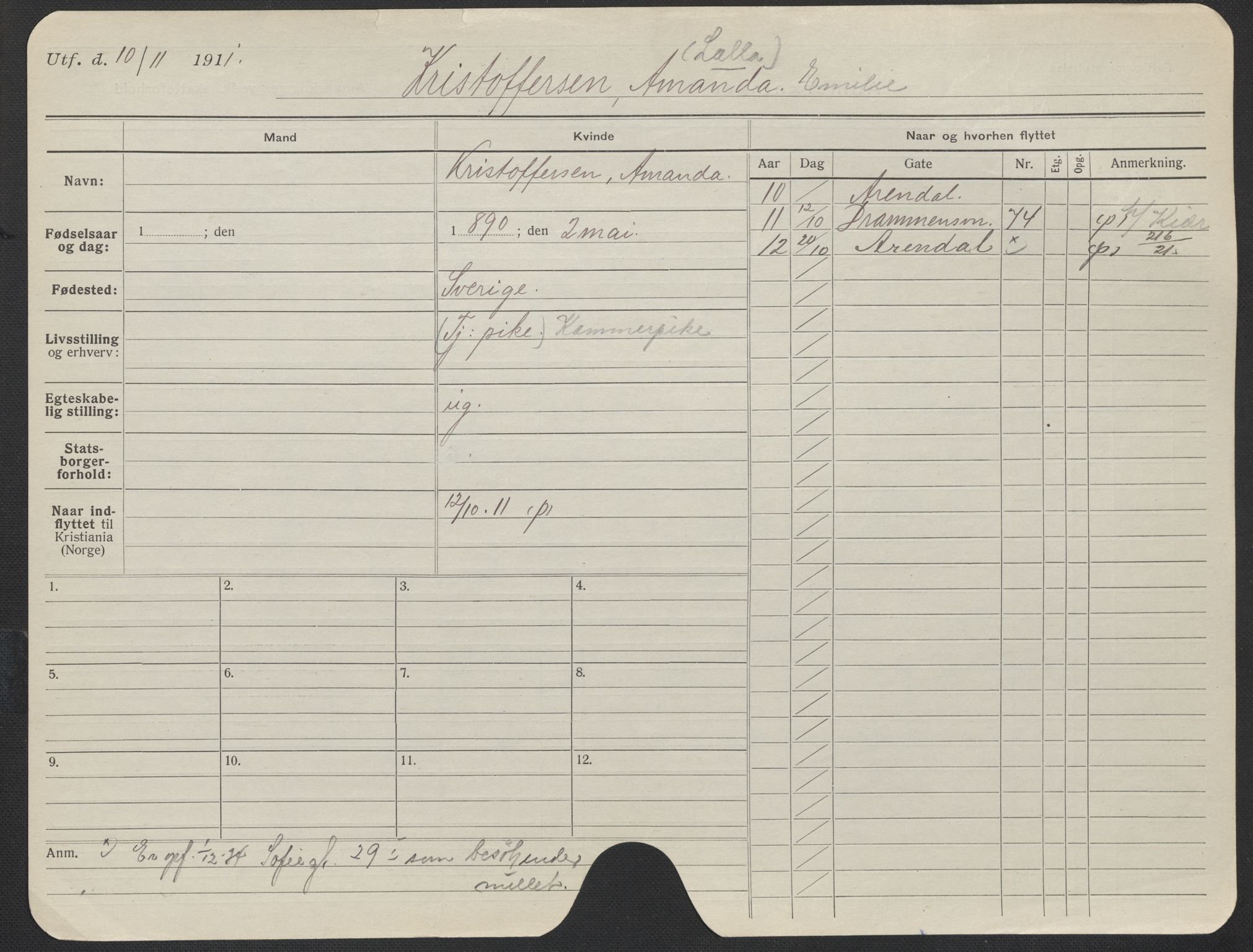 Oslo folkeregister, Registerkort, SAO/A-11715/F/Fa/Fac/L0019: Kvinner, 1906-1914, s. 476a