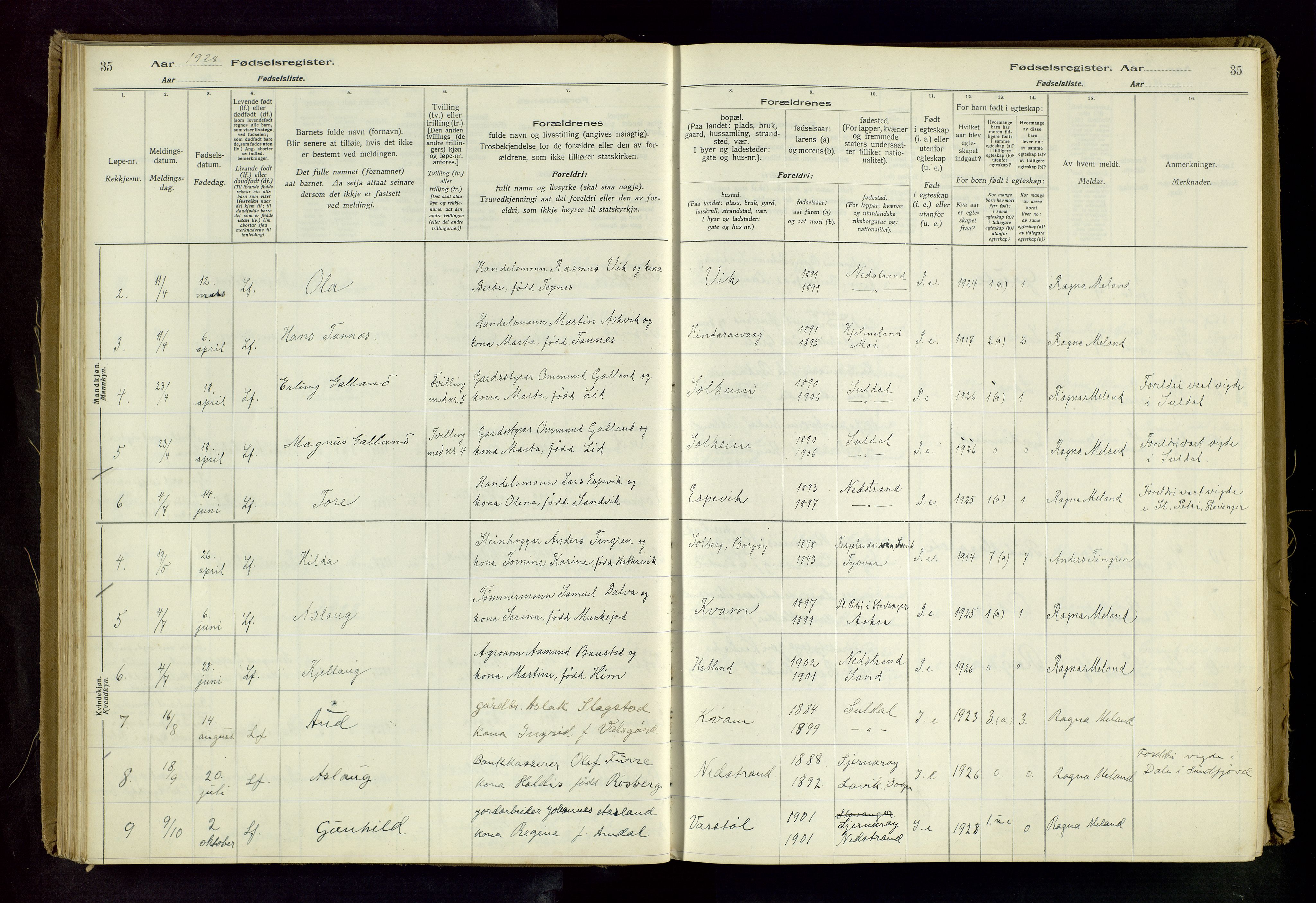 Nedstrand sokneprestkontor, AV/SAST-A-101841/03/C/L0001: Fødselsregister nr. 1, 1916-1981, s. 35