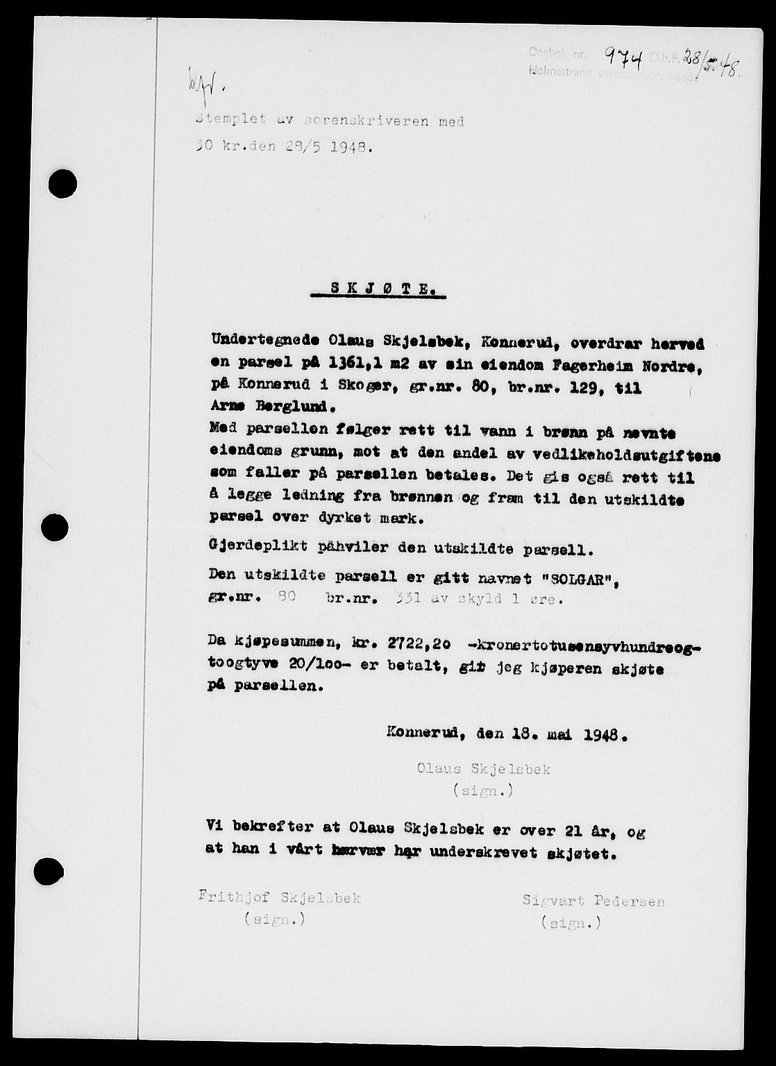 Holmestrand sorenskriveri, SAKO/A-67/G/Ga/Gaa/L0064: Pantebok nr. A-64, 1948-1948, Dagboknr: 974/1948