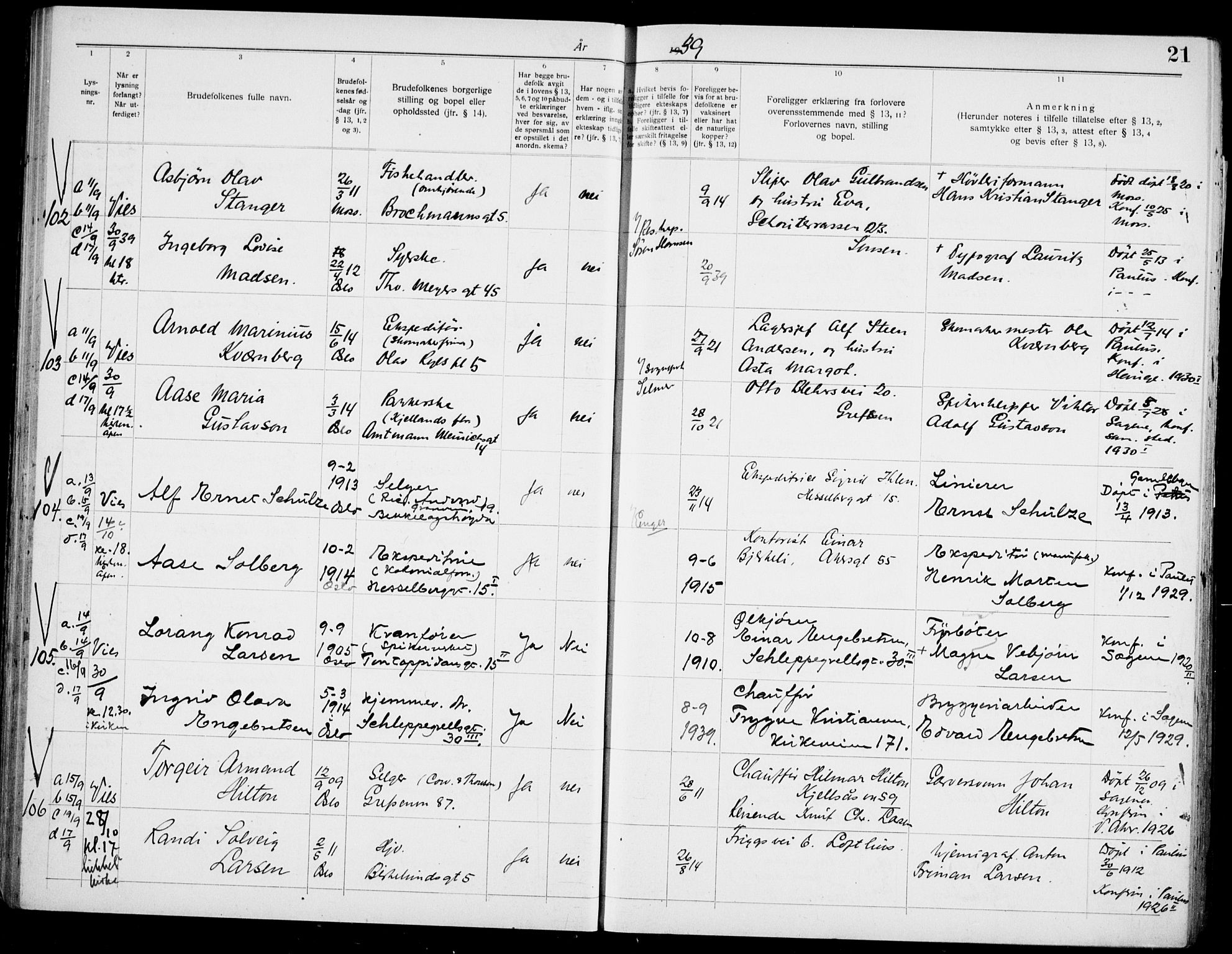 Paulus prestekontor Kirkebøker, AV/SAO-A-10871/H/Ha/L0006: Lysningsprotokoll nr. 6, 1939-1942, s. 21