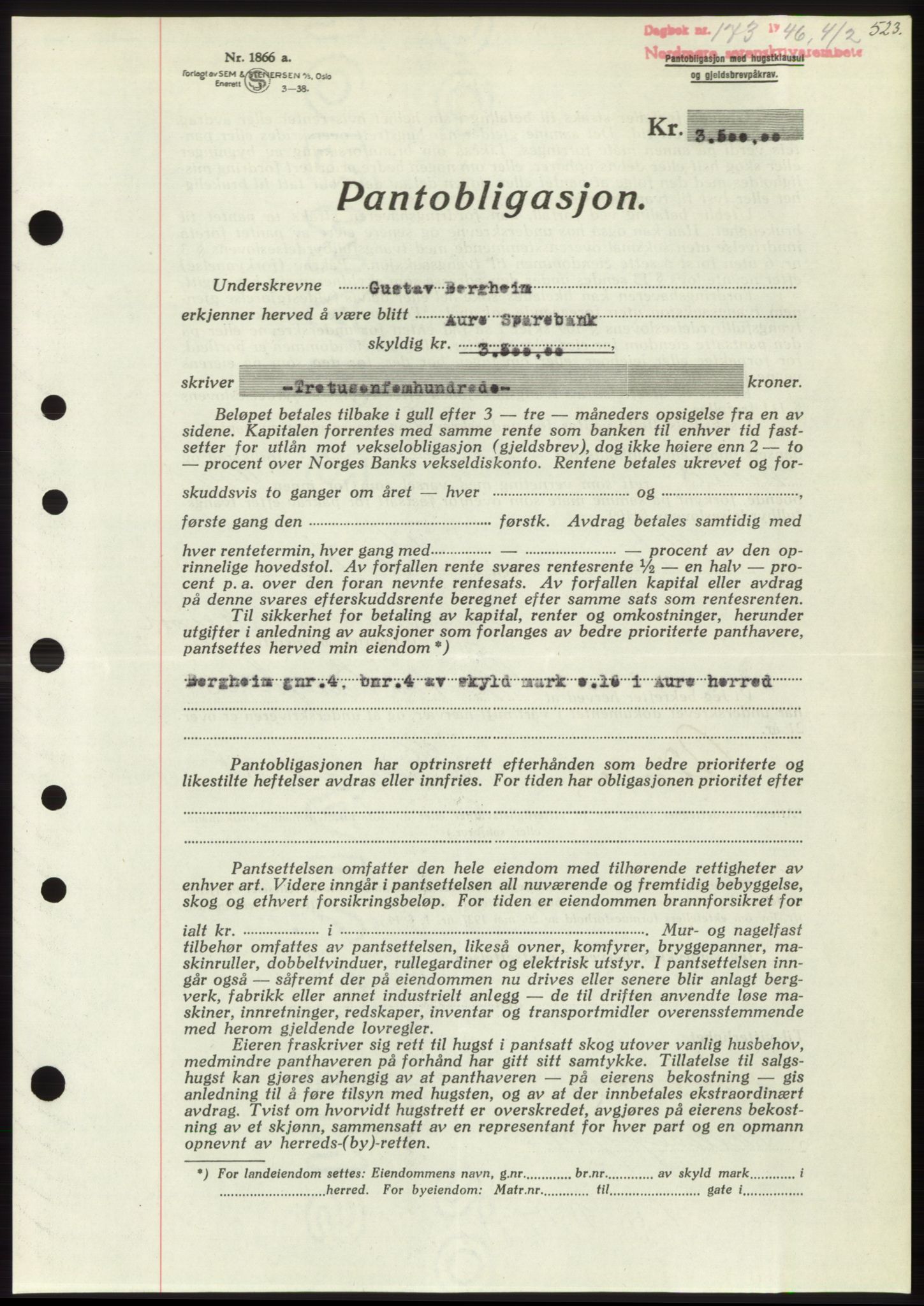 Nordmøre sorenskriveri, SAT/A-4132/1/2/2Ca: Pantebok nr. B93b, 1946-1946, Dagboknr: 173/1946