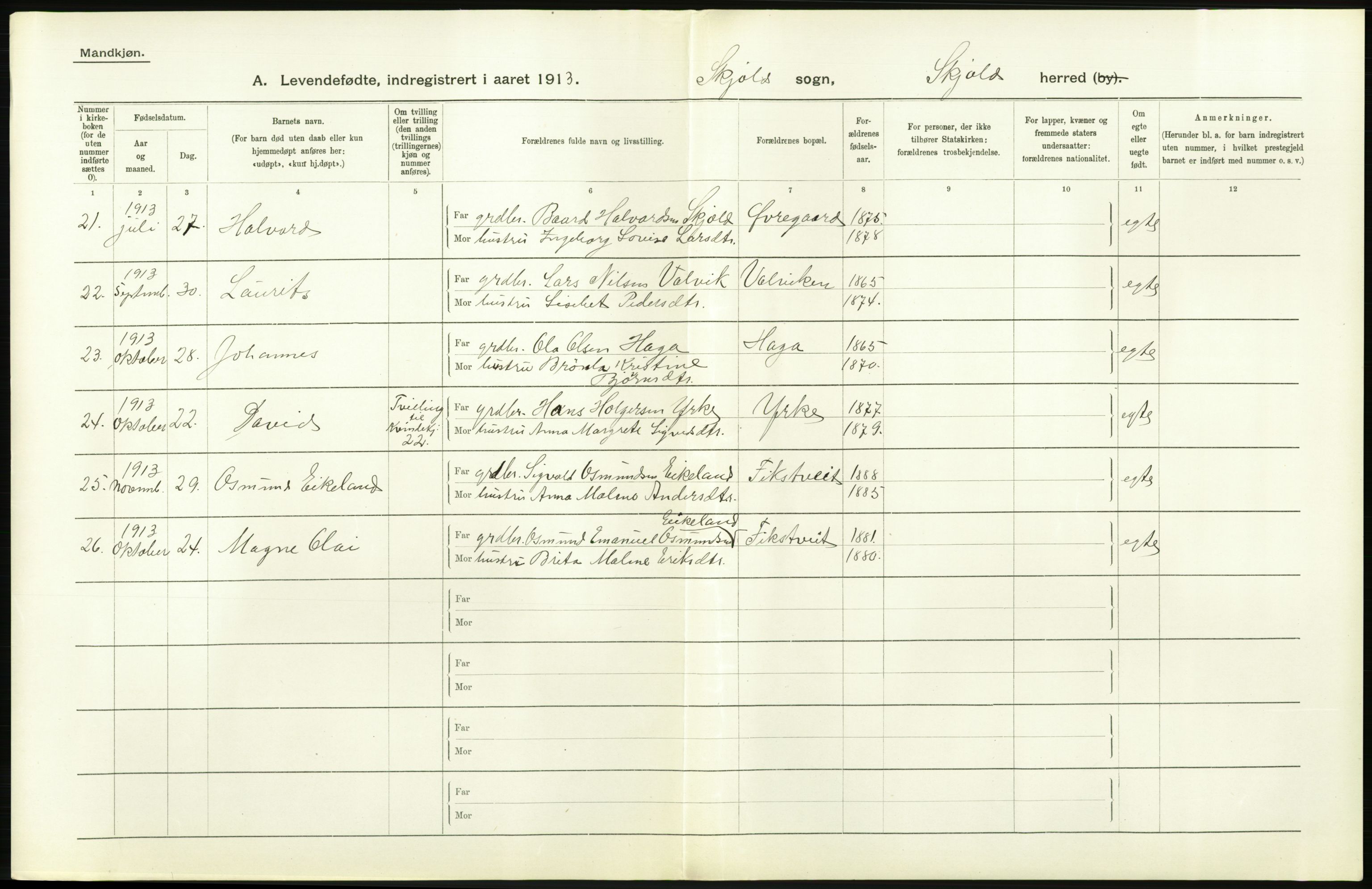 Statistisk sentralbyrå, Sosiodemografiske emner, Befolkning, AV/RA-S-2228/D/Df/Dfb/Dfbc/L0025: Stavanger amt: Levendefødte menn og kvinner. Bygder., 1913, s. 64