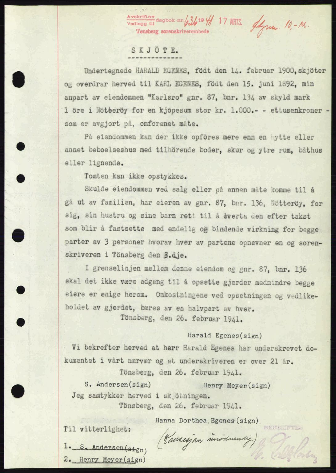 Tønsberg sorenskriveri, AV/SAKO-A-130/G/Ga/Gaa/L0010: Pantebok nr. A10, 1941-1941, Dagboknr: 636/1941