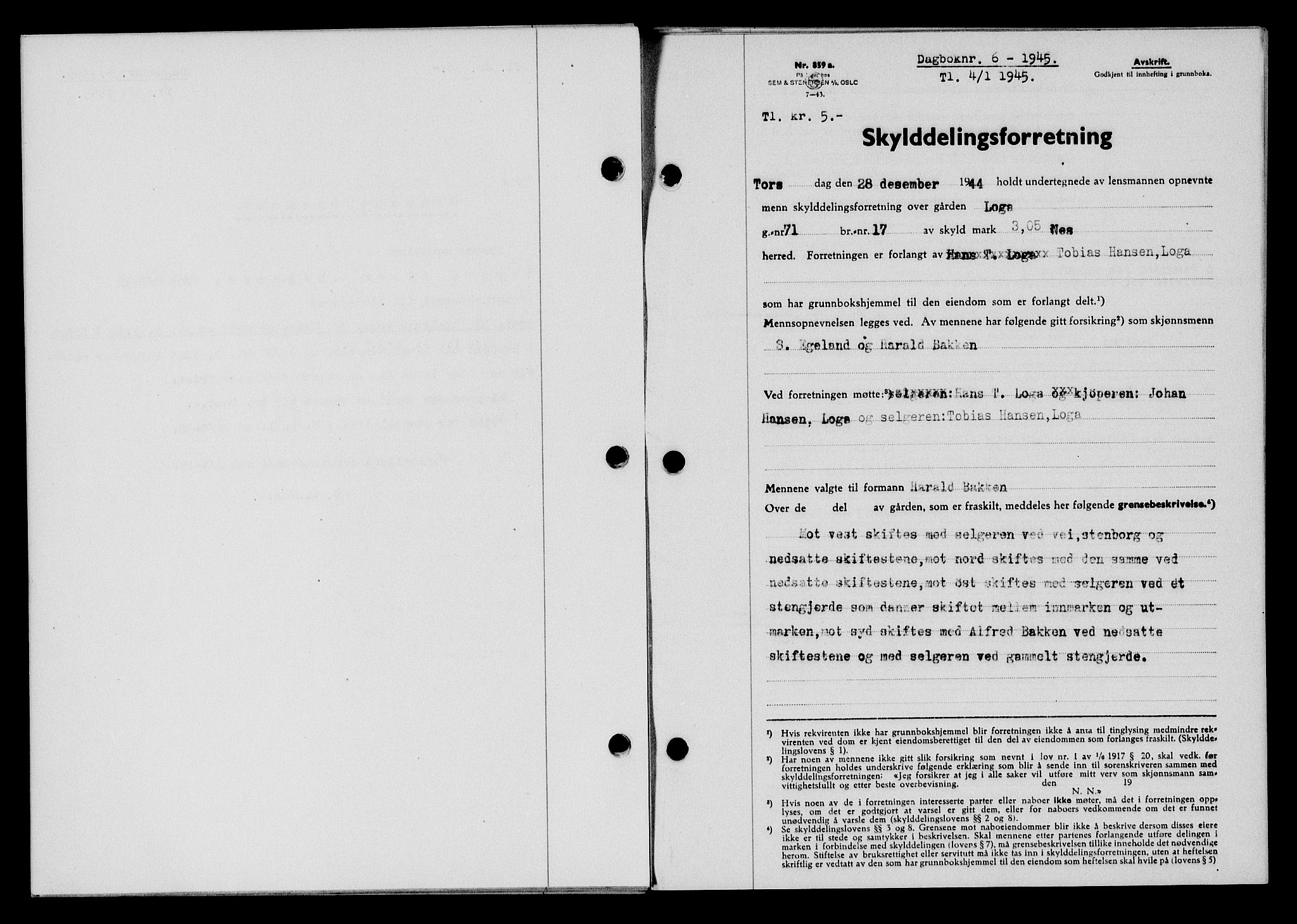 Flekkefjord sorenskriveri, SAK/1221-0001/G/Gb/Gba/L0059: Pantebok nr. A-7, 1944-1945, Dagboknr: 6/1945