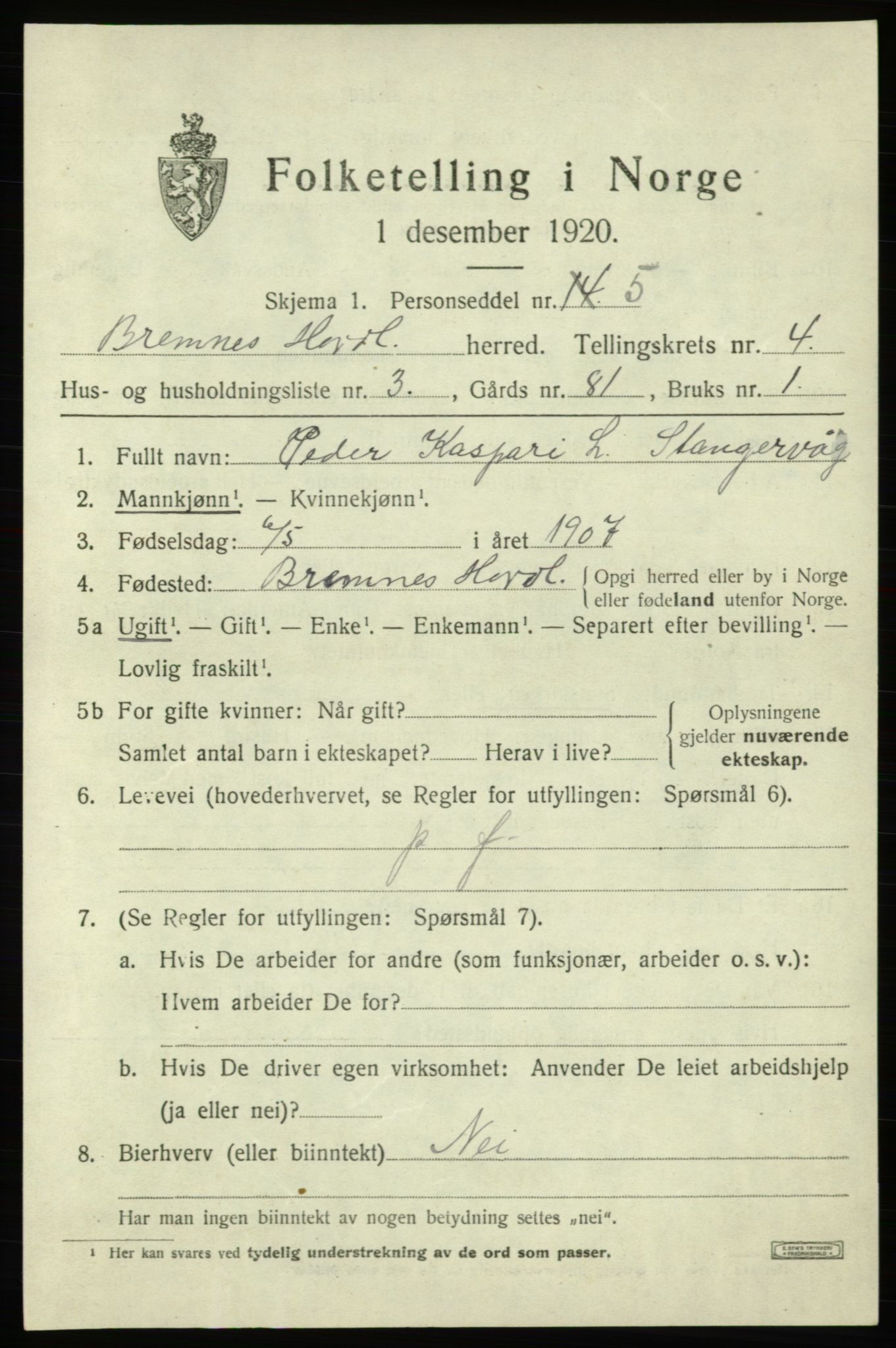 SAB, Folketelling 1920 for 1220 Bremnes herred, 1920, s. 1832