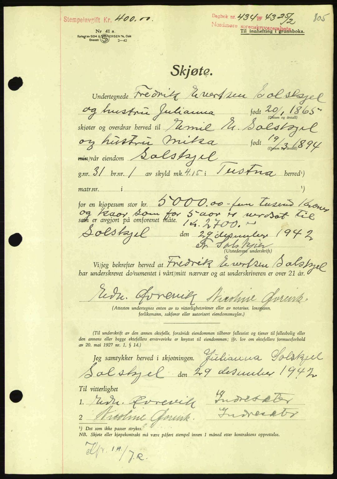 Nordmøre sorenskriveri, AV/SAT-A-4132/1/2/2Ca: Pantebok nr. A94, 1942-1943, Dagboknr: 434/1943