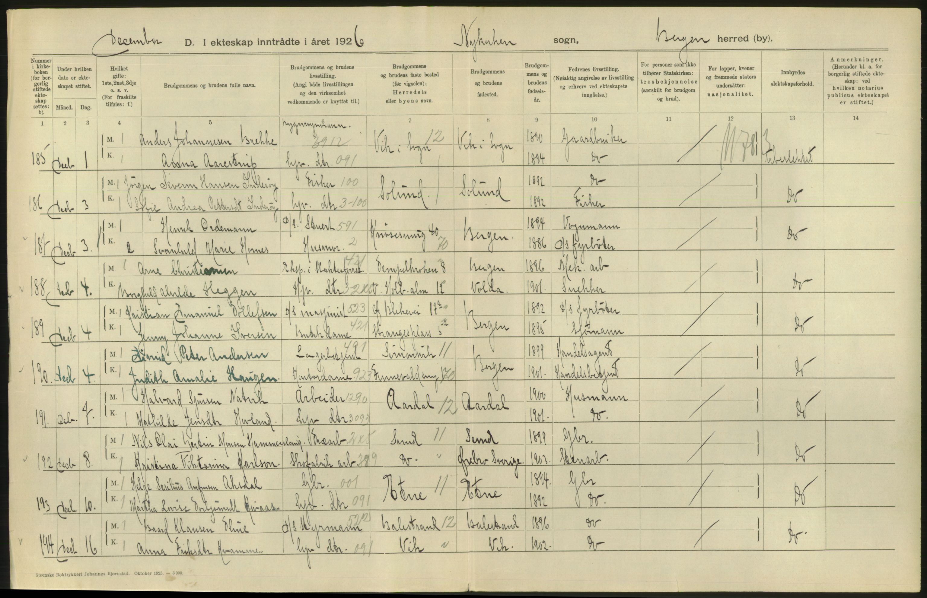 Statistisk sentralbyrå, Sosiodemografiske emner, Befolkning, AV/RA-S-2228/D/Df/Dfc/Dfcf/L0028: Bergen: Gifte, døde, dødfødte., 1926, s. 194